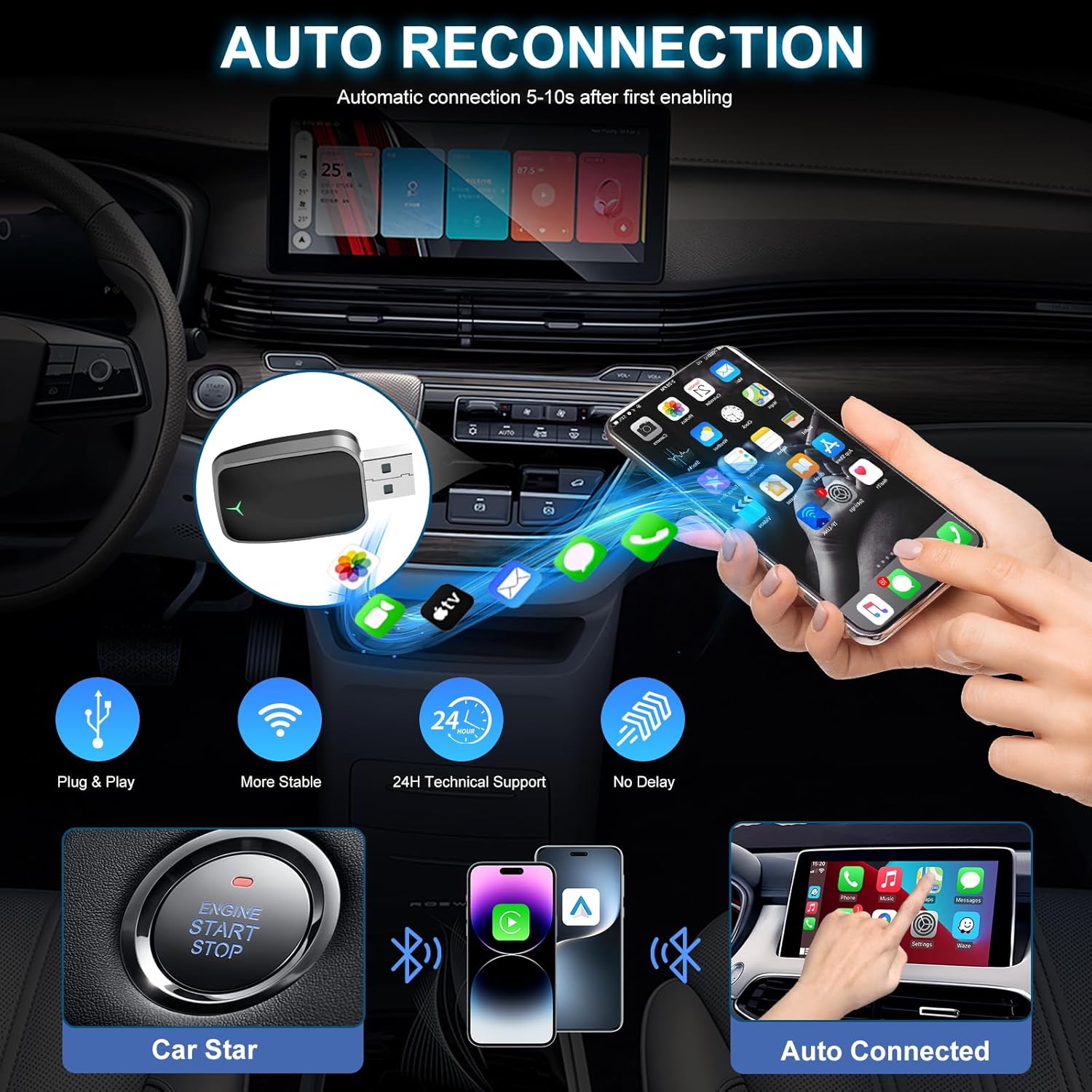 Wireless CarPlay Adapter for iPhone – Plug & Play CarPlay Dongle – Converts Wired CarPlay to Wireless – Fast Auto-Connect, Low Latency, USB-A & USB-C Compatible – English Manual Included