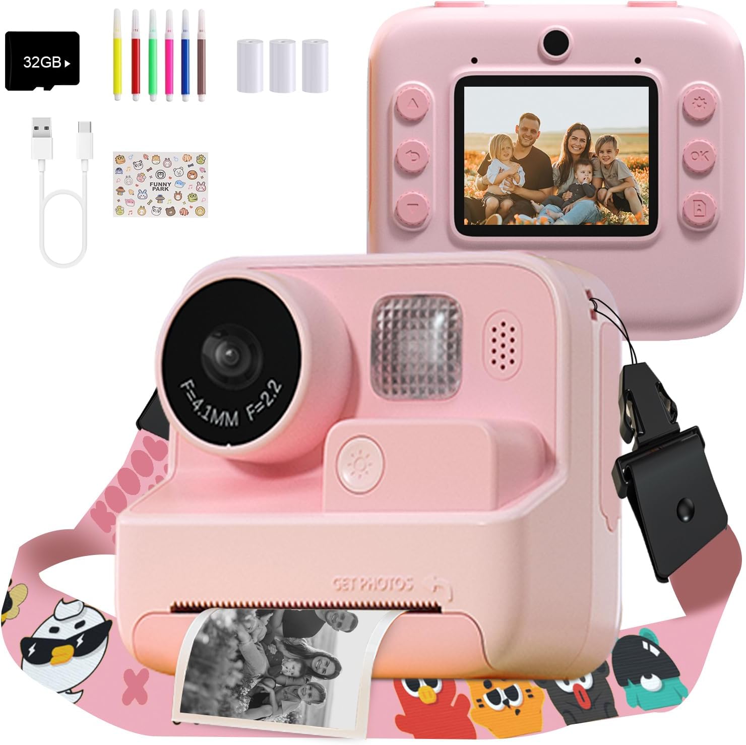 Kids Camera Instant Print, 48MP Digital Camera with Zero Ink, Selfie 1080P Video Camera with 32G TF Card, Toys Gifts for Girls Boys Aged 3-12 for Christmas/Birthday/Holiday (pink) (Pink)