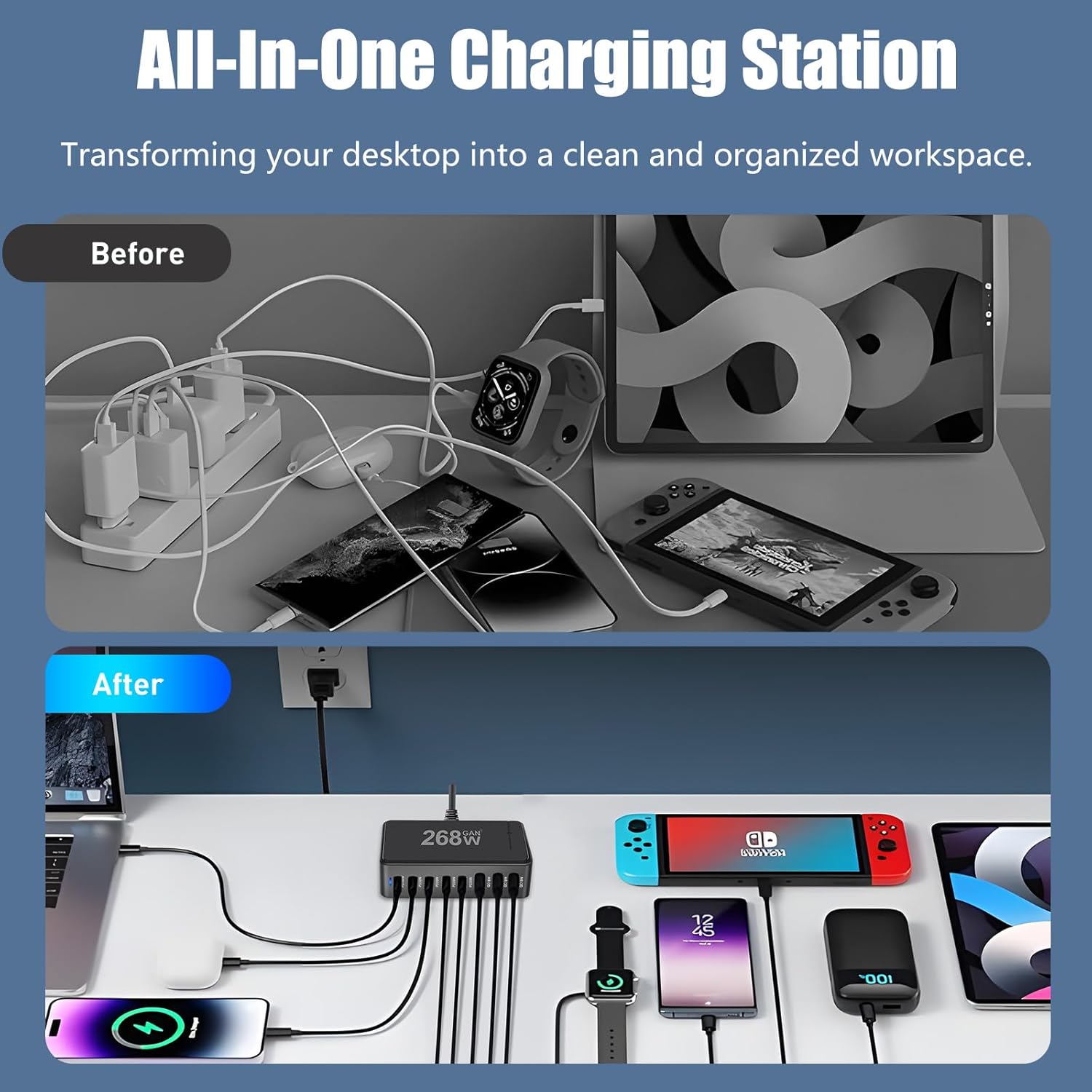M.A&F's 268W 8-Port Fast Charging Station: PD 100W Desktop GaN Type-C Charger Adapter & USB Power Strip Charging Hub for MacBook, iPhone, Galaxy, iPad, and Laptops
