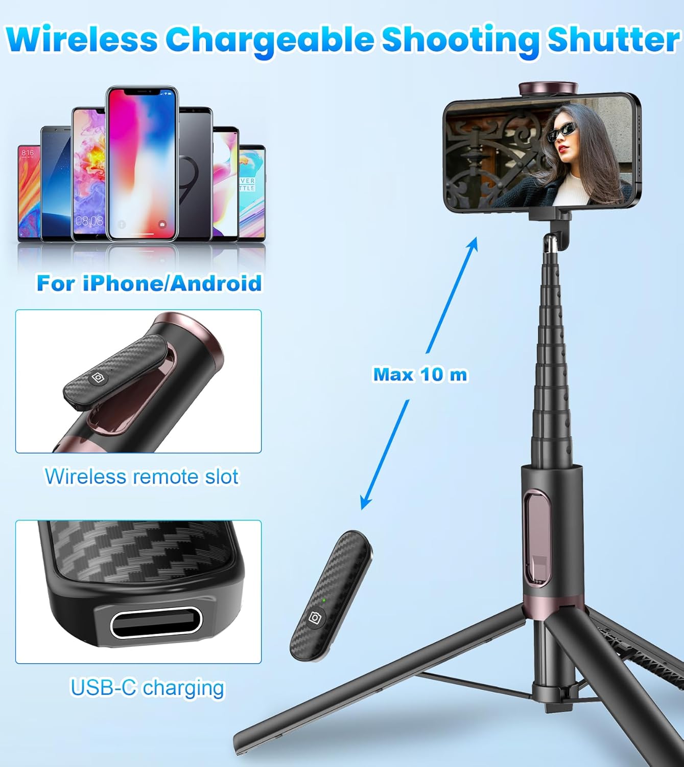 170cm Phone Tripod Selfie Stick, All-in-1 Phone Tripod Stand with Remote,Portable,Lightweight Tripod for for Selfies/Live/Video Recording/Travel-Black