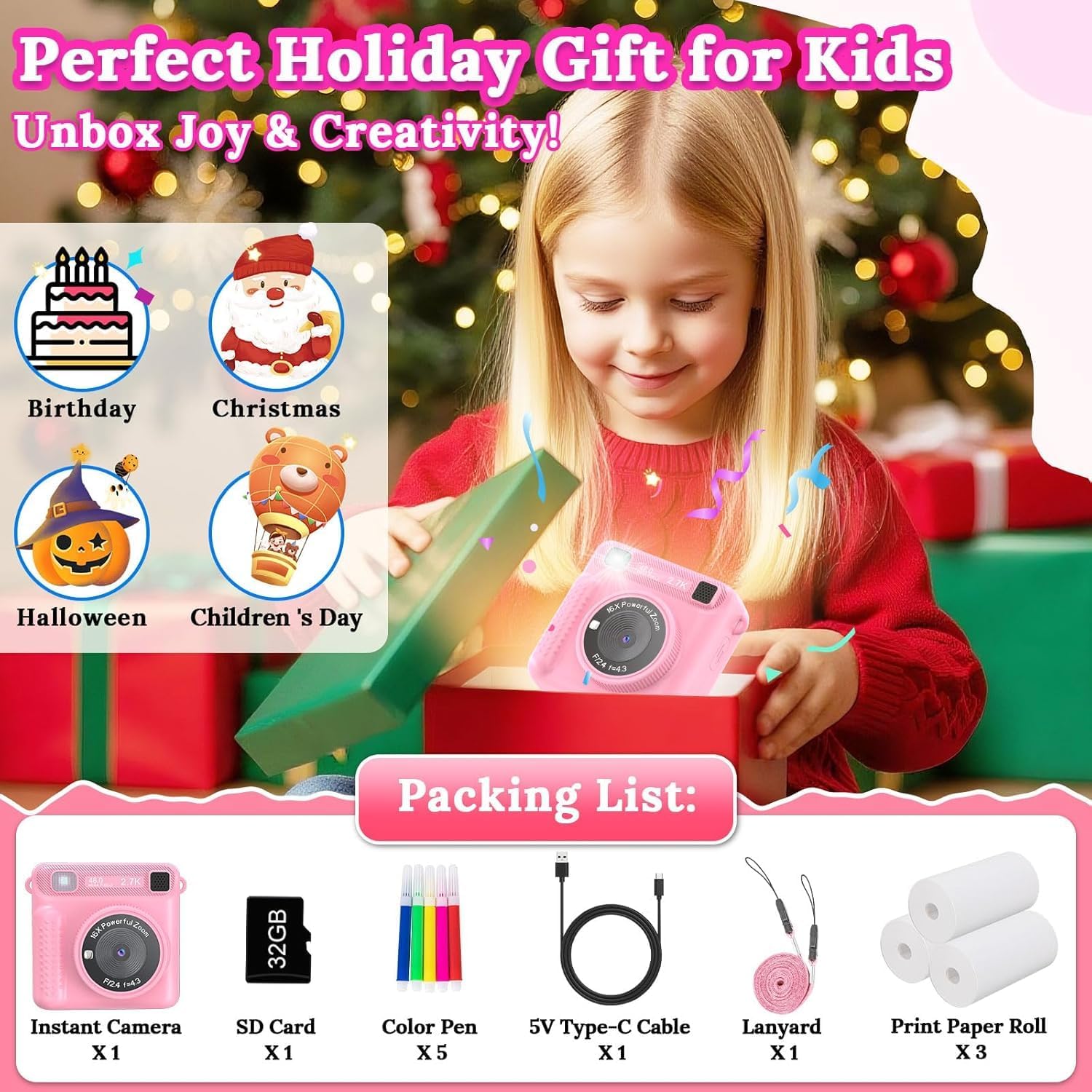 Camera For Kids,Instant Print Camera Portable Video Camera Toy For Girls & Boys,Hd Digital Video 32Gb Sd Card Birthday Gifts (Pink)