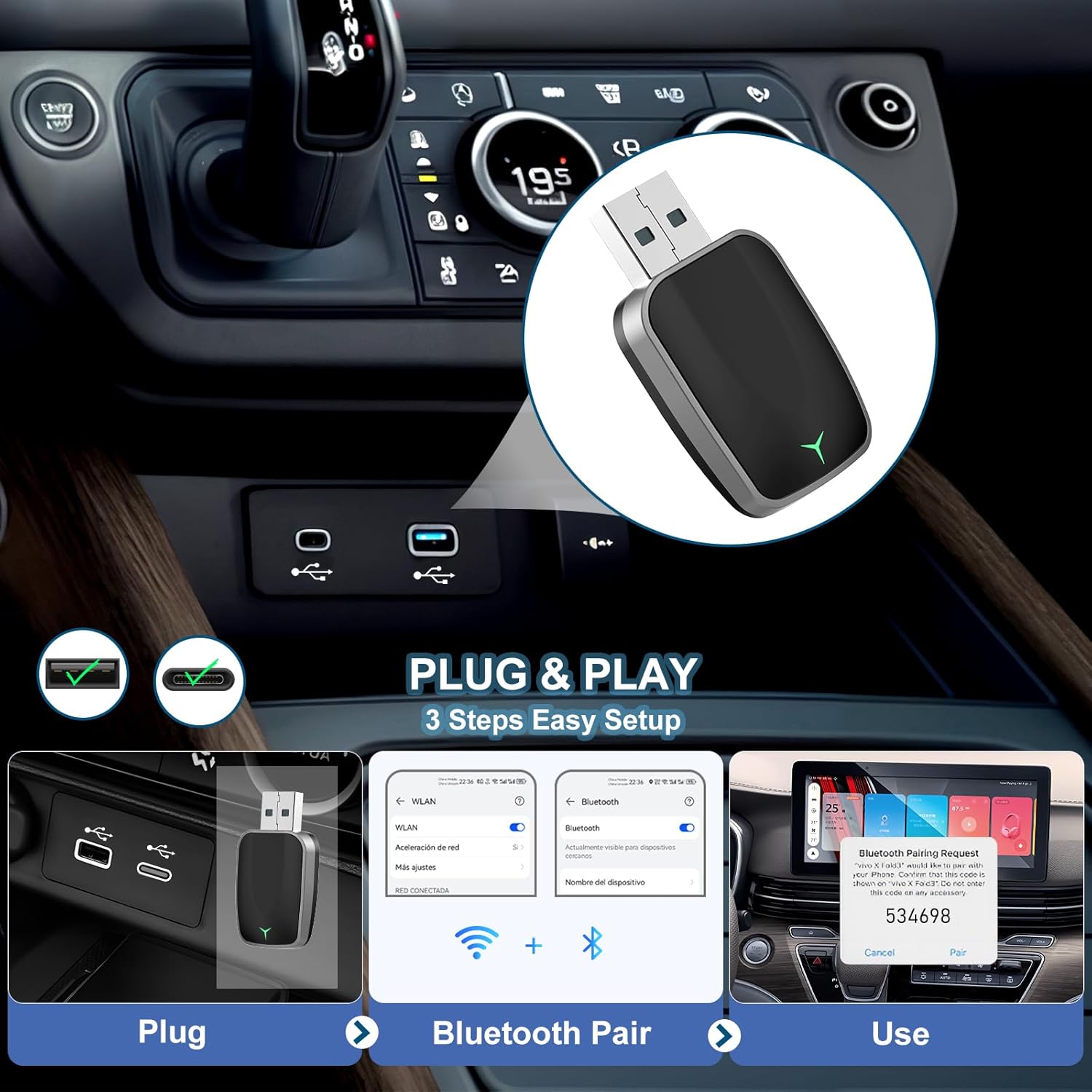Wireless CarPlay Adapter for iPhone – Plug & Play CarPlay Dongle – Converts Wired CarPlay to Wireless – Fast Auto-Connect, Low Latency, USB-A & USB-C Compatible – English Manual Included