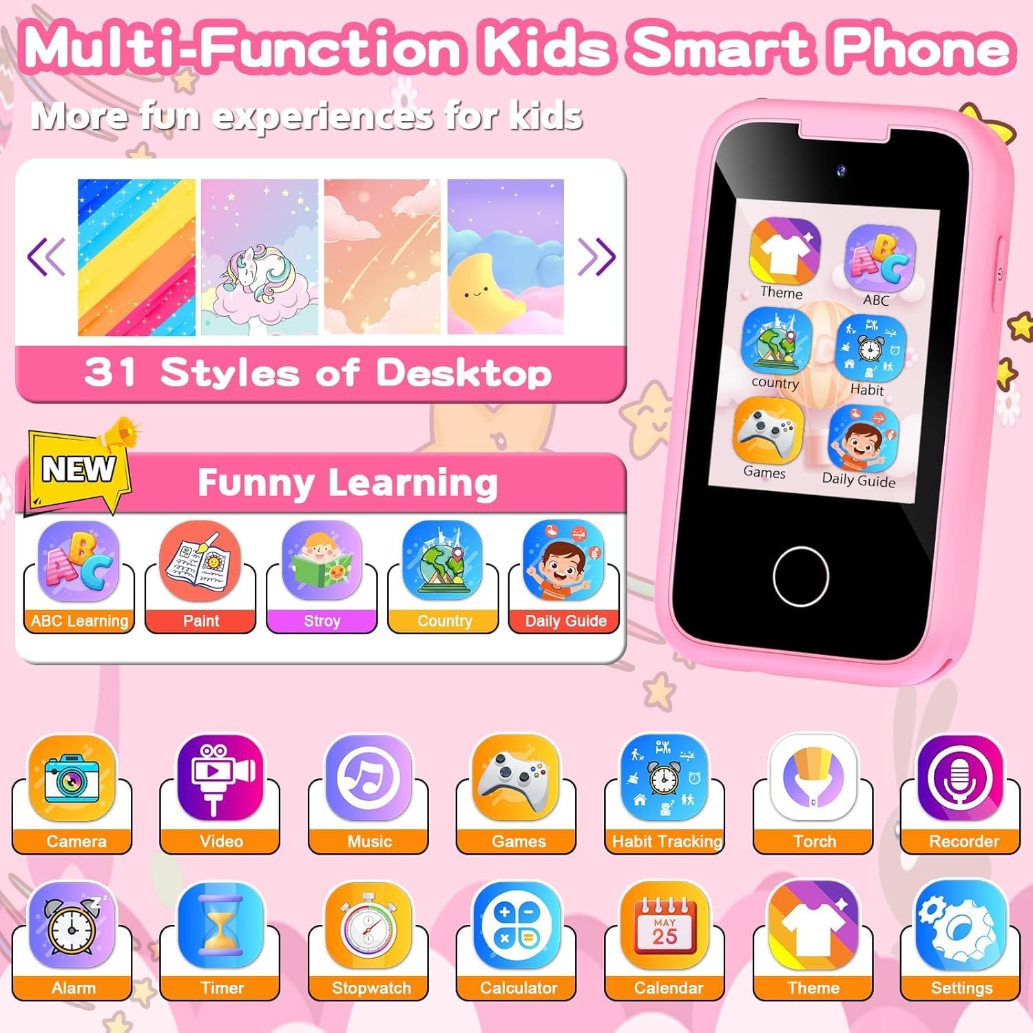 Kids Smart Phone Toys for Girls, Toddler Unicorn Gifts with Dual Camera,Fake Play Toy Mobile phone Learning Game Puzzle MP3 Music Player 3 4 5 6 7 8 Years (Pink)