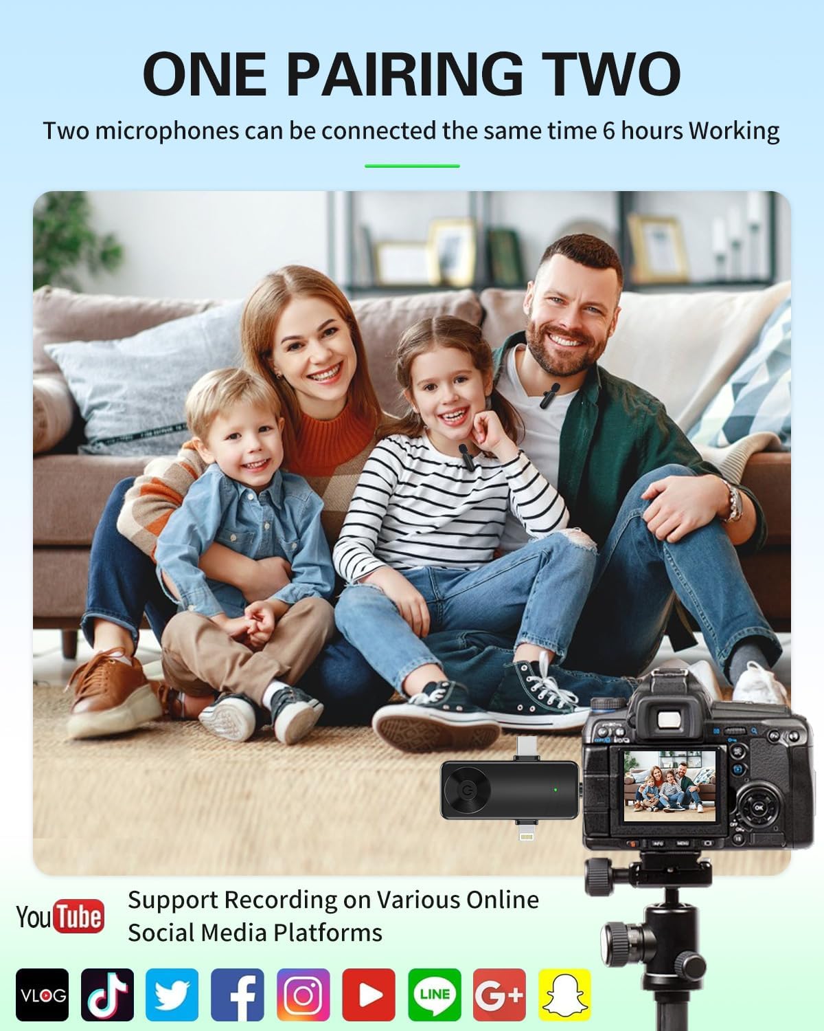 Mini Microphone for iPhone Android Camera iPad USB-C, 4 in 1 Professional Wireless Lavalier Lapel Microphone for Recording, Live Stream, YouTube, Facebook, TikTok, Vlog (2 Pcs)