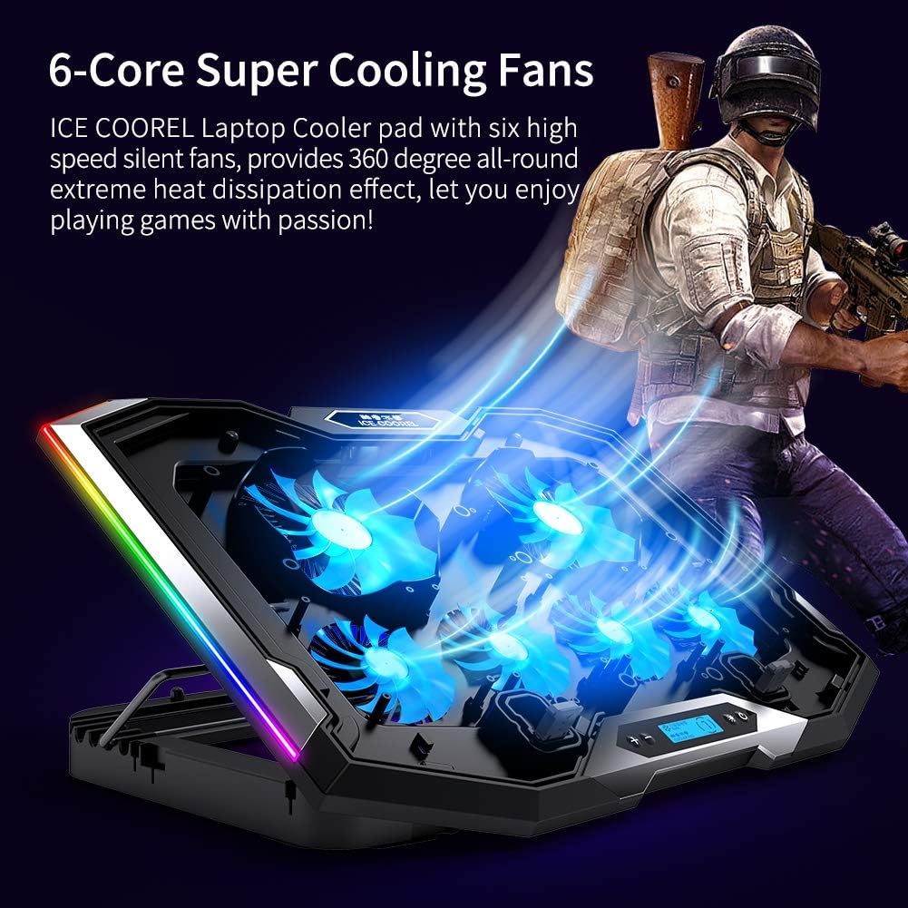 M.A&F's Gaming Laptop Cooling Pad 15-17.3 Inch with 6 Cooling Fans, Cooling Stand with 6 Height Adjustable, Laptop Cooler with RGB Light, LCD Screen, 2 USB Ports, Phone Stand