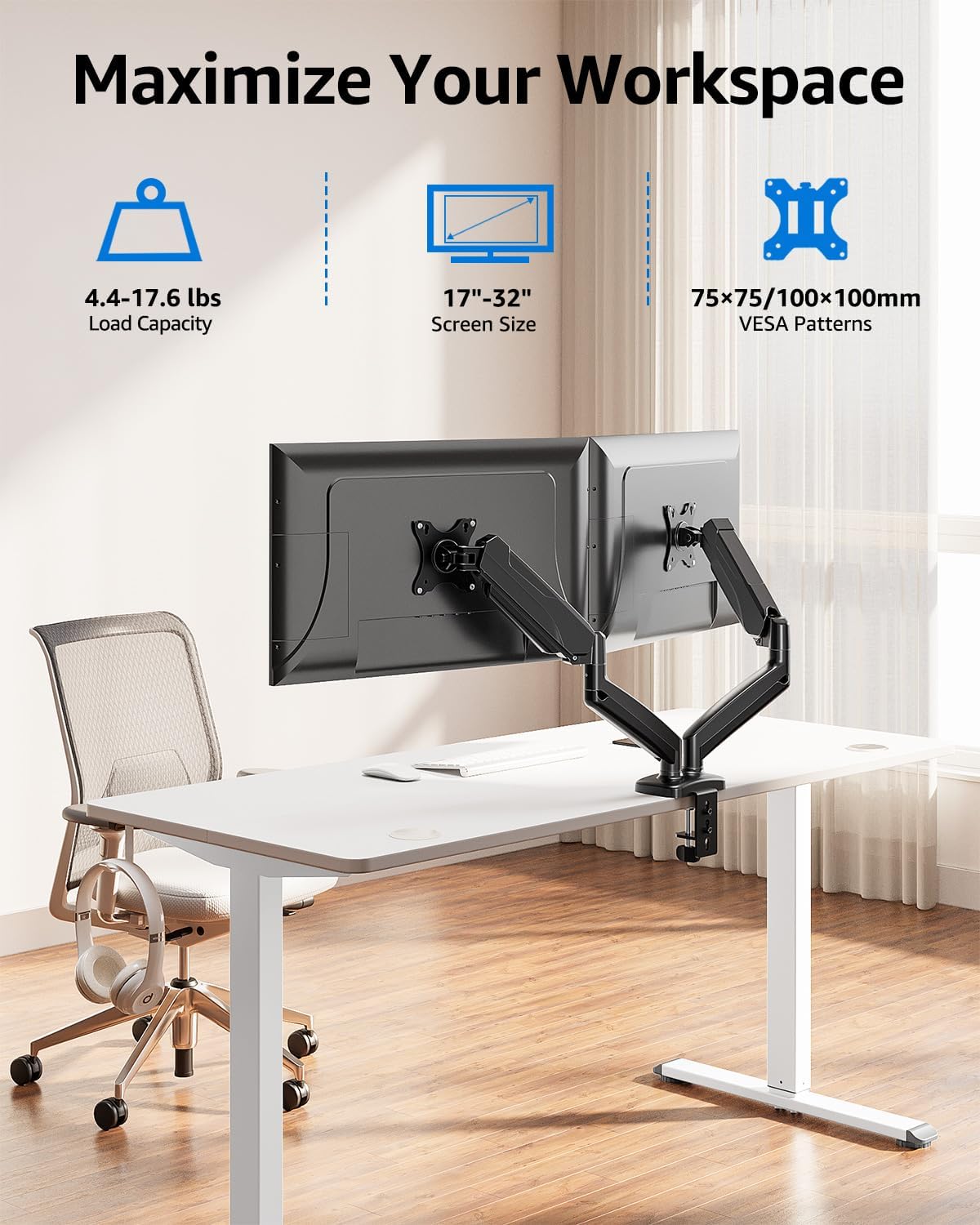 M.A&F's Dual Monitor Stand for Desk, Adjustable Gas Spring Double Monitor Mount Holds 4.4-17.6 lbs and 13-32 Inch Screens, Monitor Arms for 2 Monitors, VESA 75x75 100x100 with C-clamp& Grommet, Black
