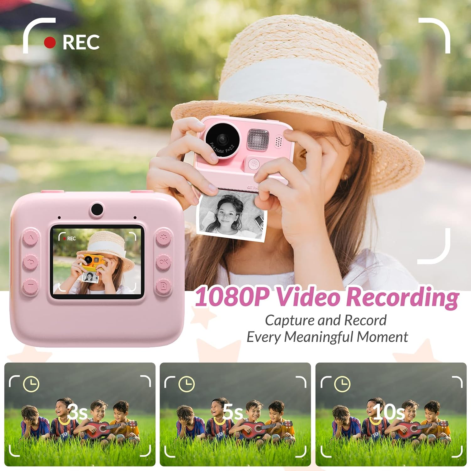 Kids Camera Instant Print, 48MP Digital Camera with Zero Ink, Selfie 1080P Video Camera with 32G TF Card, Toys Gifts for Girls Boys Aged 3-12 for Christmas/Birthday/Holiday (pink) (Pink)