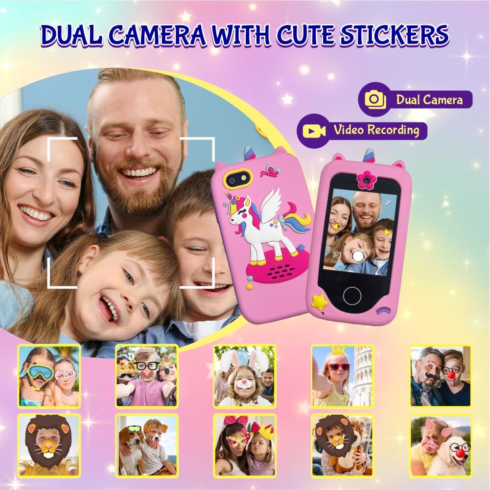 M.A&F's Kids Smart Phone Toys for Girls Ages 3-8 Toddler Play Travel Toys with Dual Camera Educational Learning Game Puzzle MP3 Music Player Birthday Gift for Kids Girls 3 4 5 6 7 8 Year Old (8 GB)-Pink