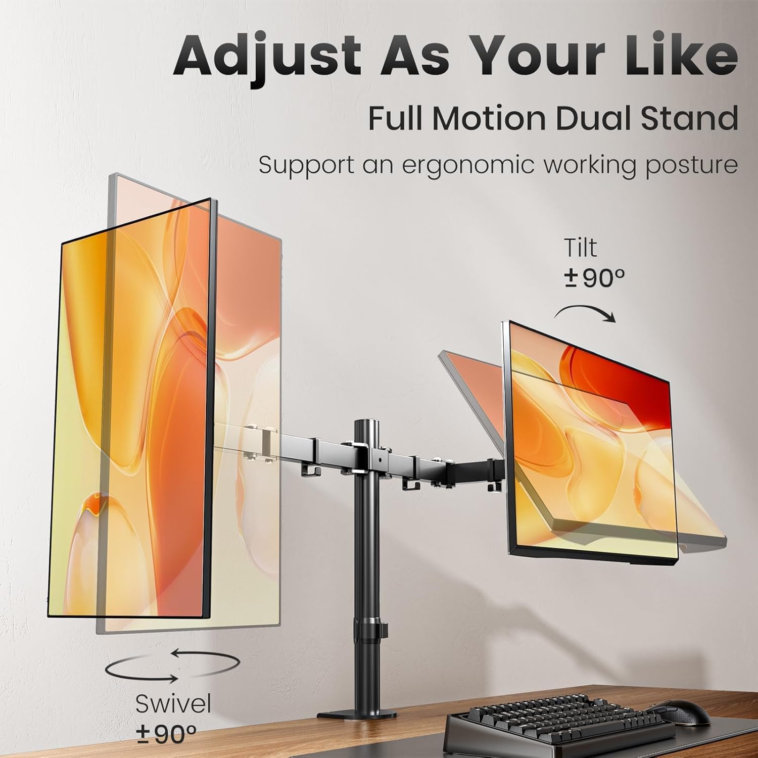 LIFE Dual Monitor Arm - Height Adjustable Dual Monitor Arm for 13-27" Computer Screens UP to 8KGs, Ergonomic Heavy Duty Dual VESA Monitor Mount 75mm/100mm, Designed for Home, Office