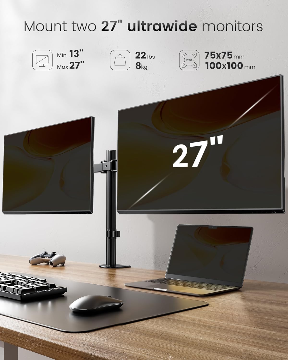 LIFE Dual Monitor Arm - Height Adjustable Dual Monitor Arm for 13-27" Computer Screens UP to 8KGs, Ergonomic Heavy Duty Dual VESA Monitor Mount 75mm/100mm, Designed for Home, Office