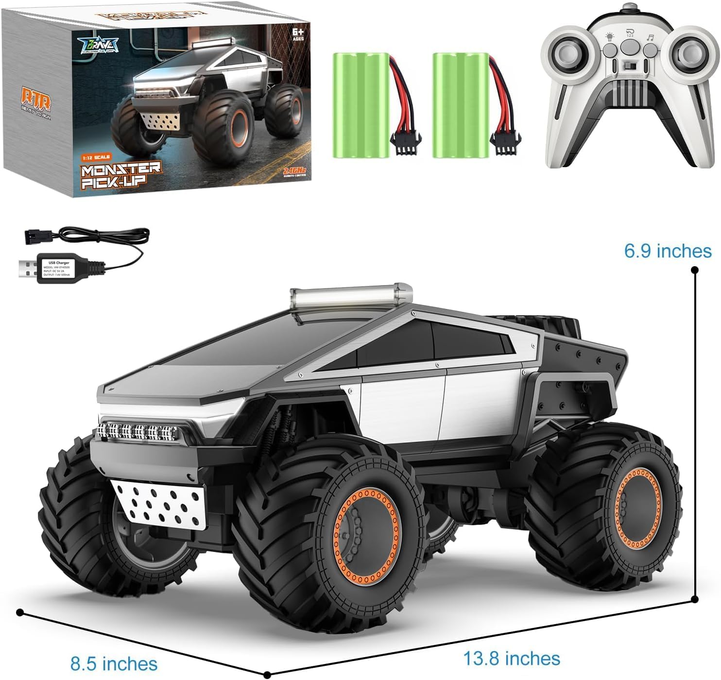 M.A&F's RC Toy, Remote Control Cyber Truck 4WD Off Road Toy, Rock Crawler RC Car with Alloy Shell Lights and Sounds, 2.4GHz All-Terrain Toy Car for Boy Kids Adults - (Silver (1:12))