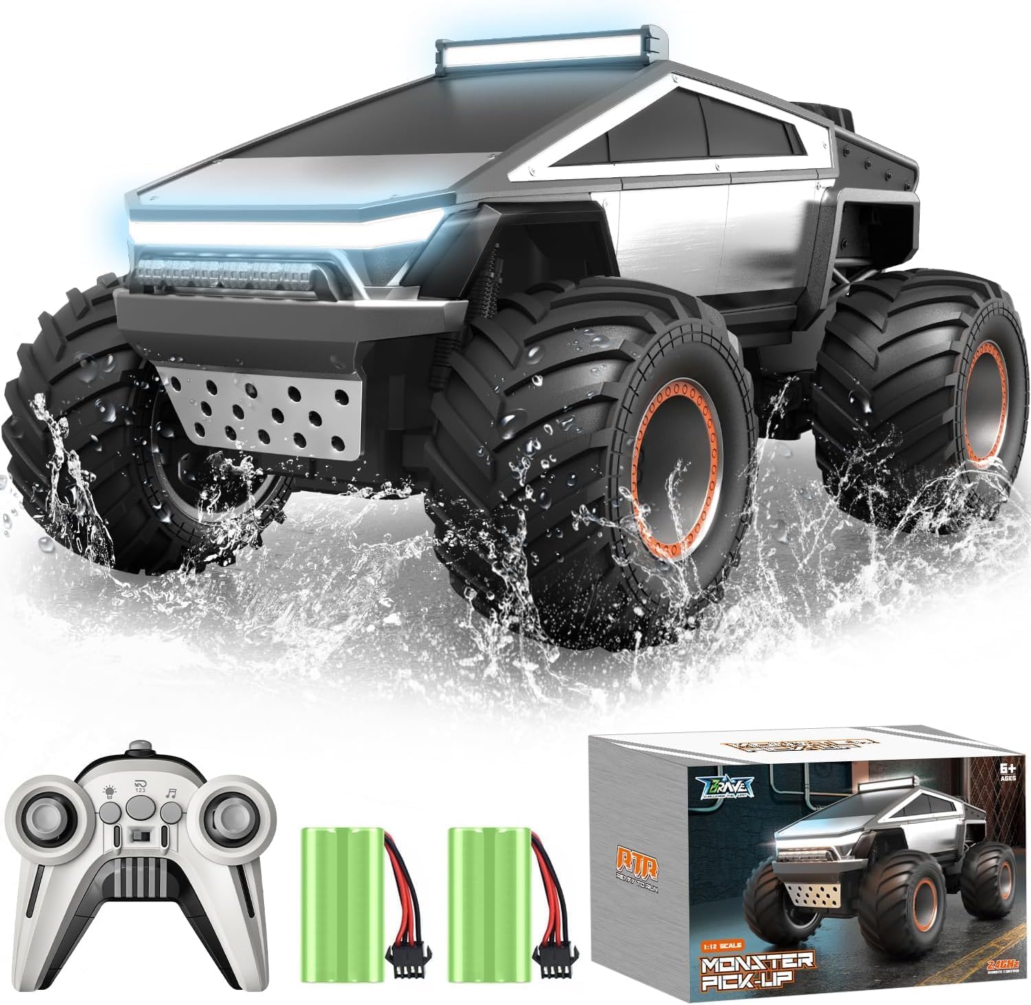M.A&F's RC Toy, Remote Control Cyber Truck 4WD Off Road Toy, Rock Crawler RC Car with Alloy Shell Lights and Sounds, 2.4GHz All-Terrain Toy Car for Boy Kids Adults - (Silver (1:12))