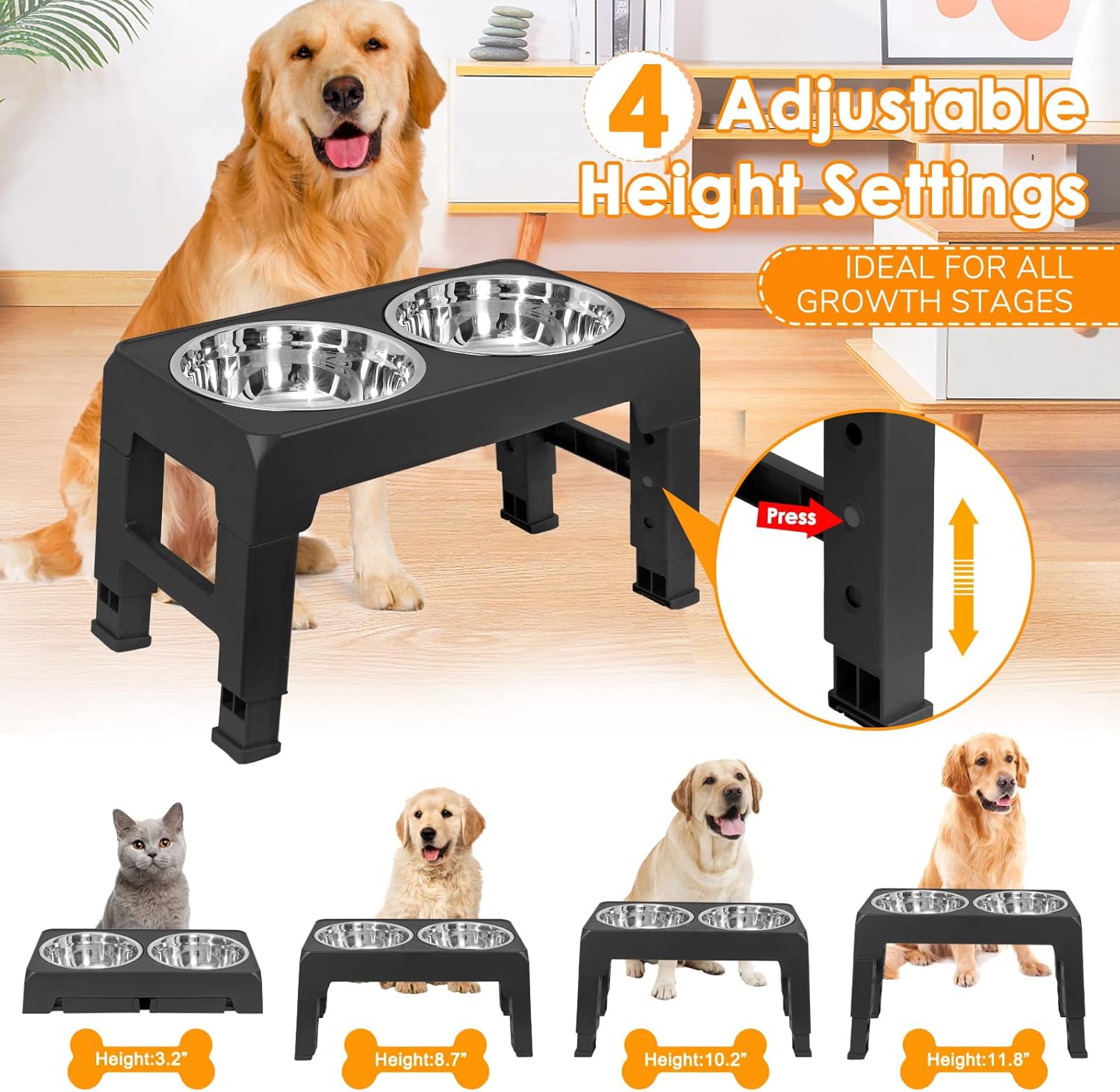 M.A&F's Adjustable Elevated Dog Bowl, with 2 Stainless Steel 1.5L Dog Bowl Vertical Feeding and Detachable Double Bowl Stand Antiskid Splash Proof, for All Small, Medium and Large Pets (Black-3)