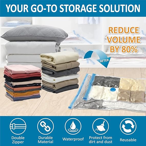 Vacuum Storage Bags - Pack of 6 (1 Jumbo/2 Large/2 Medium/1 Pump) Re-usable Travel Compression Storage Bags For Clothes- Comforters & Blankets - Space Saver Sealer Bags with Hand Pump