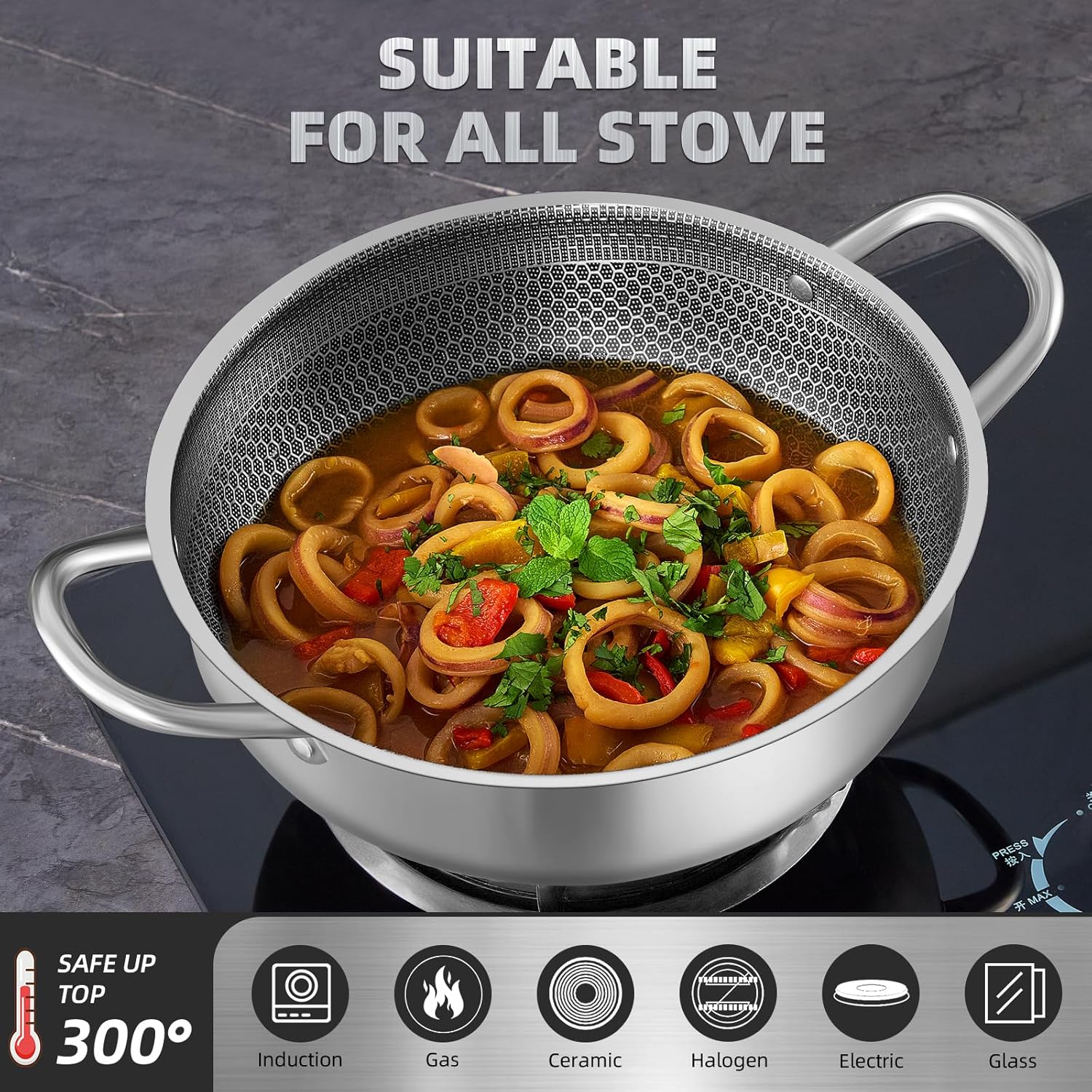 M.A&F's Stainless Steel Saute Pan, Cookware with Lid, 30CM Deep Frying Pan, Nonstick Honeycomb Cooking Pot with Handles, Large Kadai Skillet, Wok Pan Compatible with All Cooktops, Dishwasher Safe