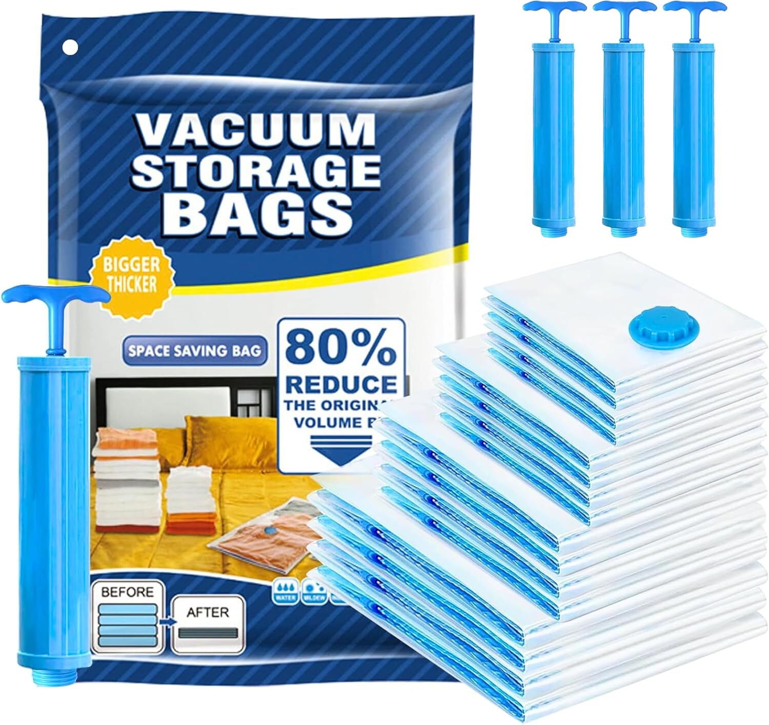 M.A&F's Vacuum Storage Bags - Pack of 18 (3Jumbo/6 Large/6 Medium/3 Pumps) Re-usable Travel Compression Storage Bags For Clothes, Comforters & Blankets - Space Saver Bags with Hand Pump