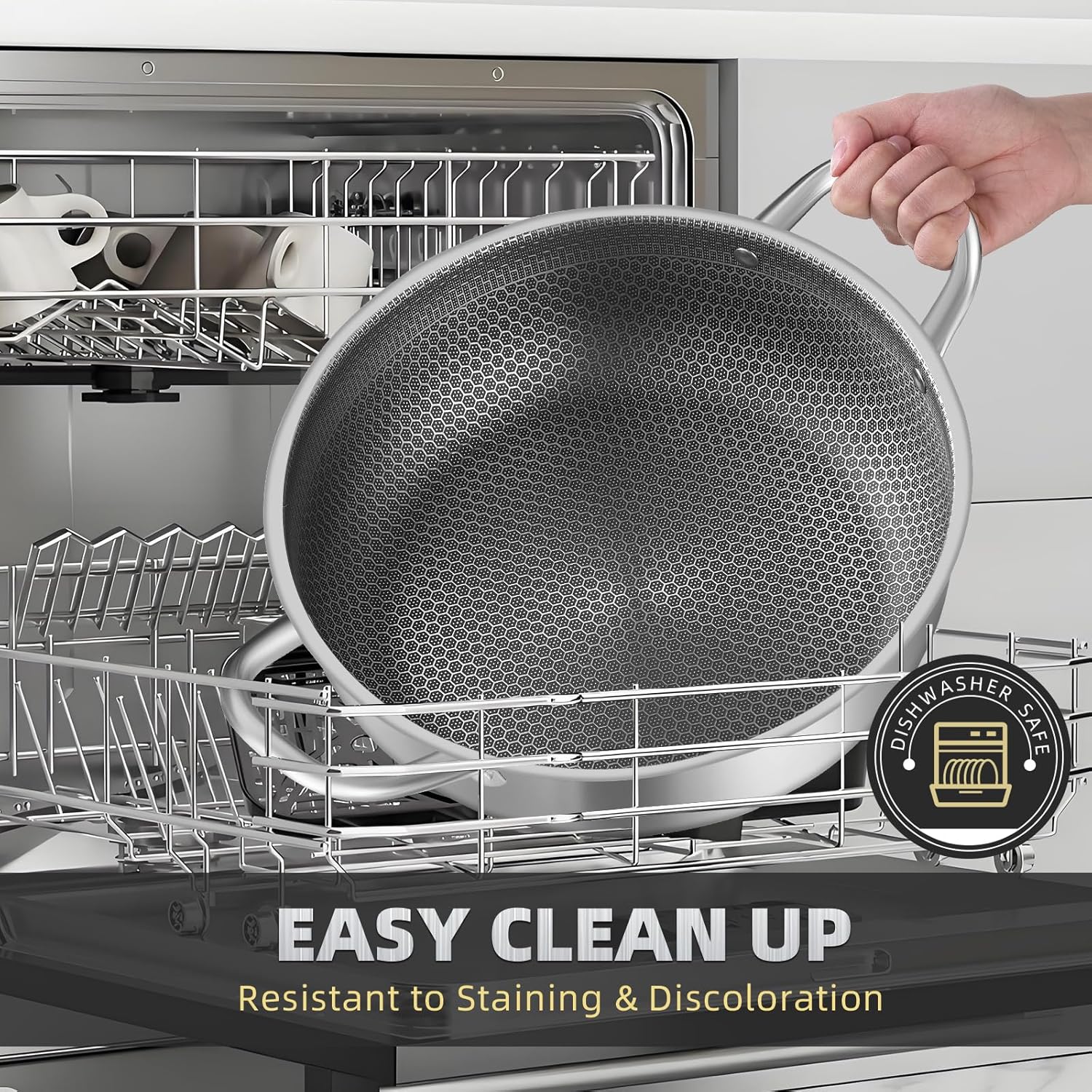 M.A&F's Stainless Steel Saute Pan, Cookware with Lid, 30CM Deep Frying Pan, Nonstick Honeycomb Cooking Pot with Handles, Large Kadai Skillet, Wok Pan Compatible with All Cooktops, Dishwasher Safe