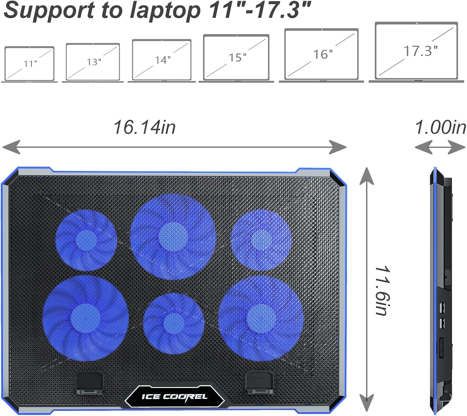 M.A&F's Laptop Cooler Pad with 6 Quiet Fans, Blue, for Laptops 11-17.3 Inch, Adjustable Height, No Lights, USB Powered