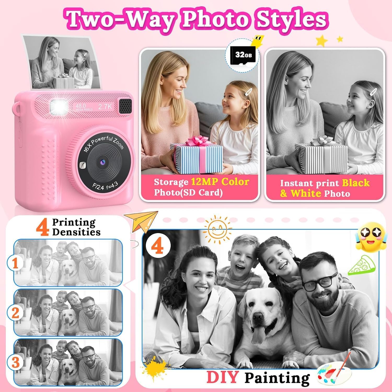 Camera For Kids,Instant Print Camera Portable Video Camera Toy For Girls & Boys,Hd Digital Video 32Gb Sd Card Birthday Gifts (Pink)