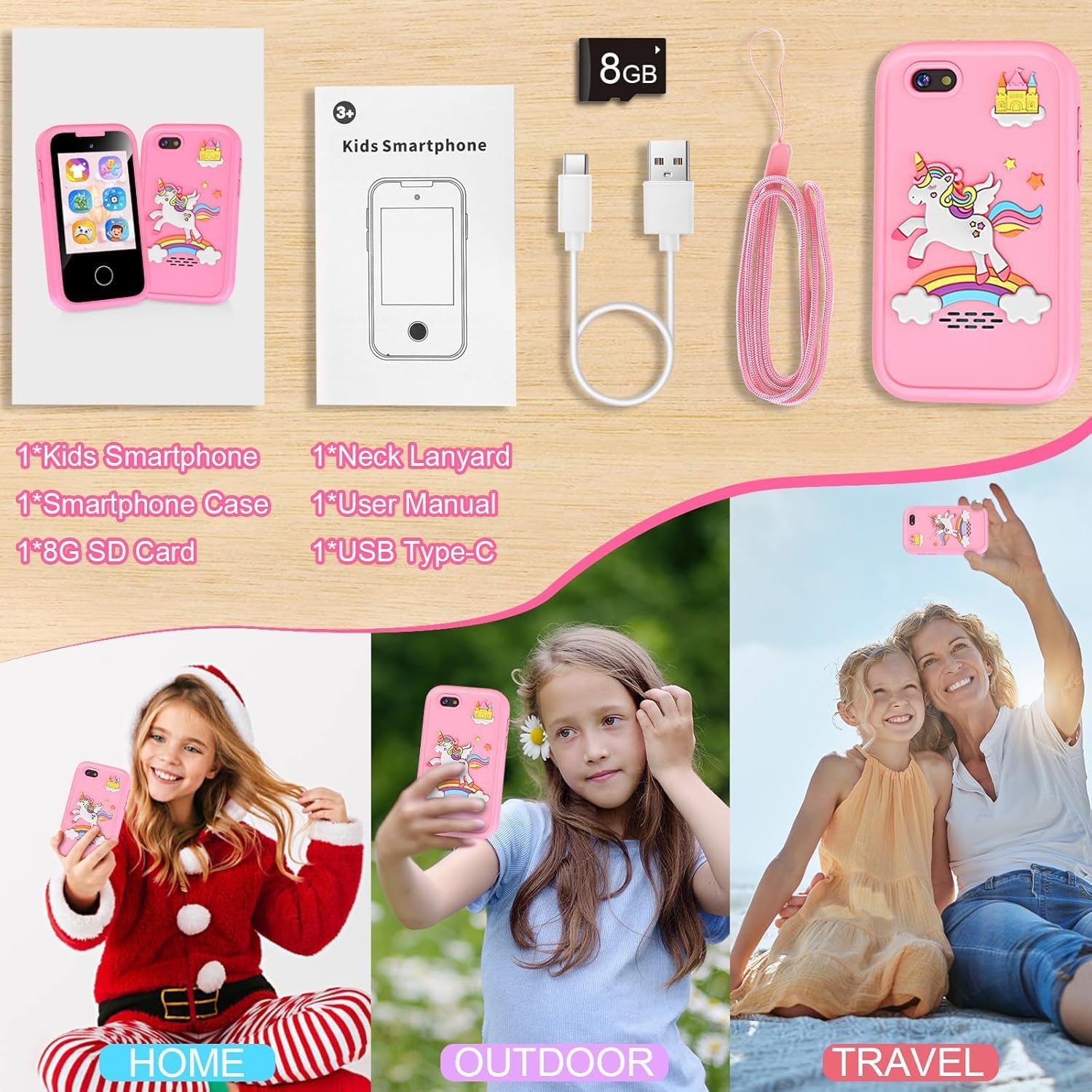 Kids Smart Phone Toys for Girls, Toddler Unicorn Gifts with Dual Camera,Fake Play Toy Mobile phone Learning Game Puzzle MP3 Music Player 3 4 5 6 7 8 Years (Pink)
