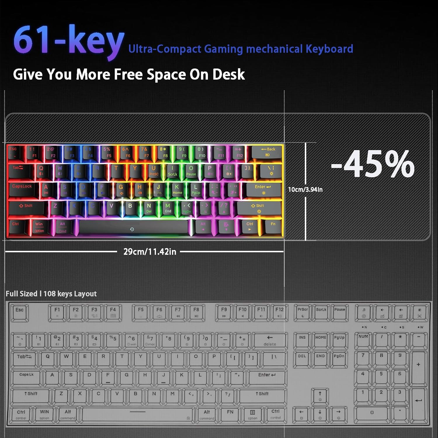 M.A&F's Wireless Bluetooth Tri-Mode (2.4G/Bluetooth/USB-C) Mechanical Keyboard, Multi-Platform Support (Windows/Mac/Linux/Tablet), Rechargeable 61-Key RGB Backlit Brown Switch Gaming Keyboard