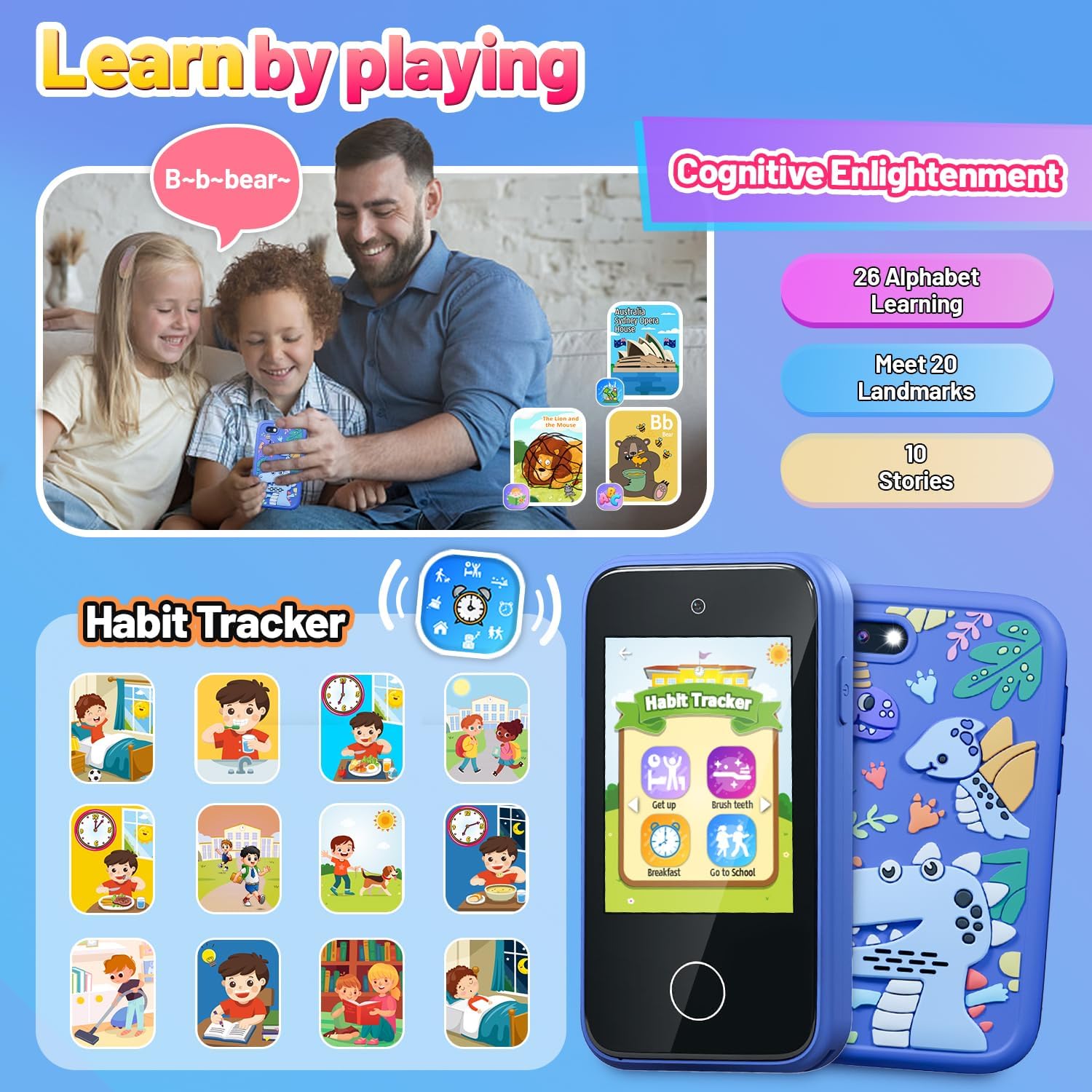 M.A&F's Kids Smart Phone Toys for Boys Ages 3-7 with Dual Camera - Toddler Phone Toys with Learning Games, Travel Toys with MP3 Music Player for Birthday Gifts for 3 4 5 6 7 Year Old Kids (Blue1)