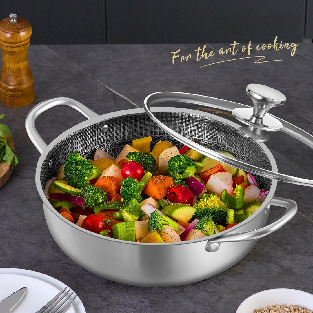 M.A&F's Stainless Steel Saute Pan, Cookware with Lid, 30CM Deep Frying Pan, Nonstick Honeycomb Cooking Pot with Handles, Large Kadai Skillet, Wok Pan Compatible with All Cooktops, Dishwasher Safe