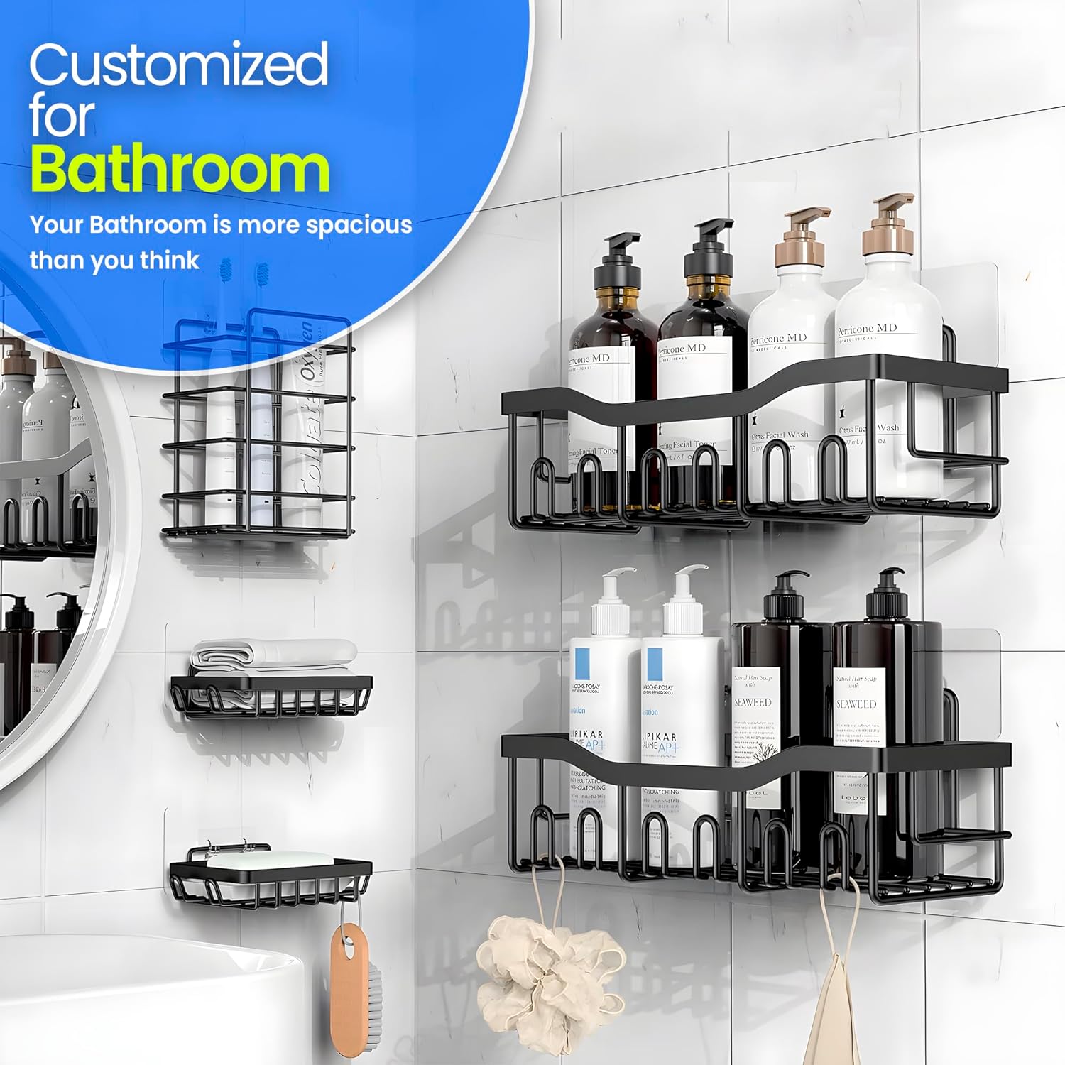 M.A&F's Shower Caddy 5 Pack, Adhesive Shower Organizer for Bathroom Storage & Kitchen, No Drilling, Large Capacity, Rustproof Stainless Steel Bathroom Organizer…