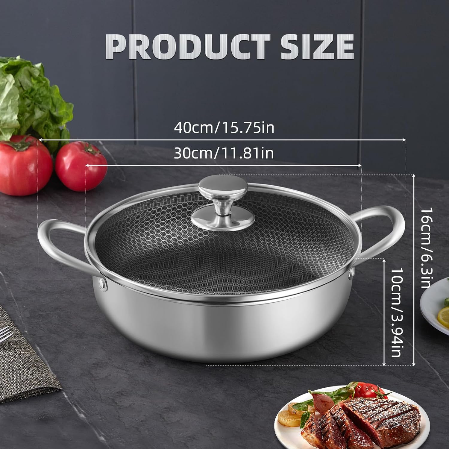 M.A&F's Stainless Steel Saute Pan, Cookware with Lid, 30CM Deep Frying Pan, Nonstick Honeycomb Cooking Pot with Handles, Large Kadai Skillet, Wok Pan Compatible with All Cooktops, Dishwasher Safe