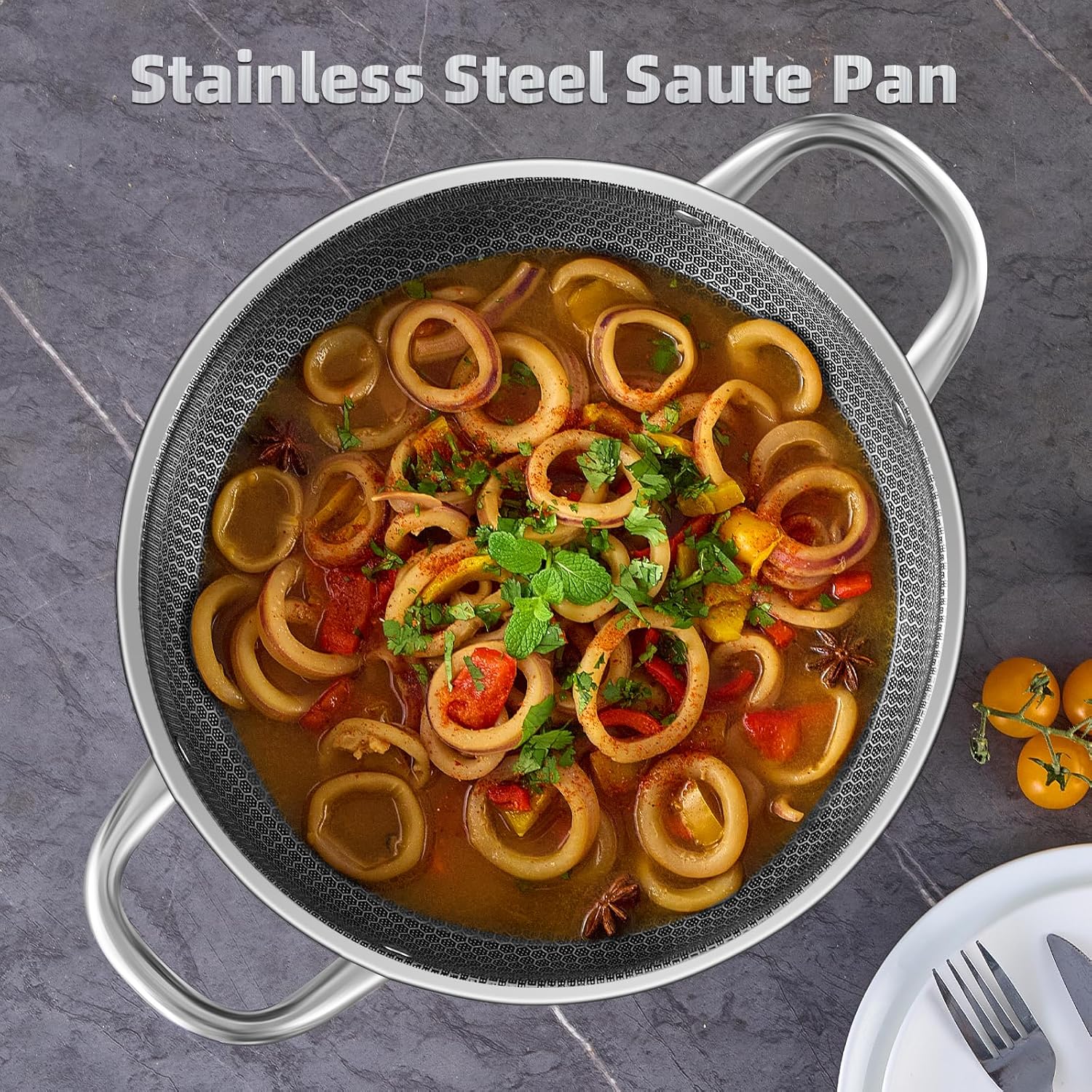 M.A&F's Stainless Steel Saute Pan, Cookware with Lid, 30CM Deep Frying Pan, Nonstick Honeycomb Cooking Pot with Handles, Large Kadai Skillet, Wok Pan Compatible with All Cooktops, Dishwasher Safe
