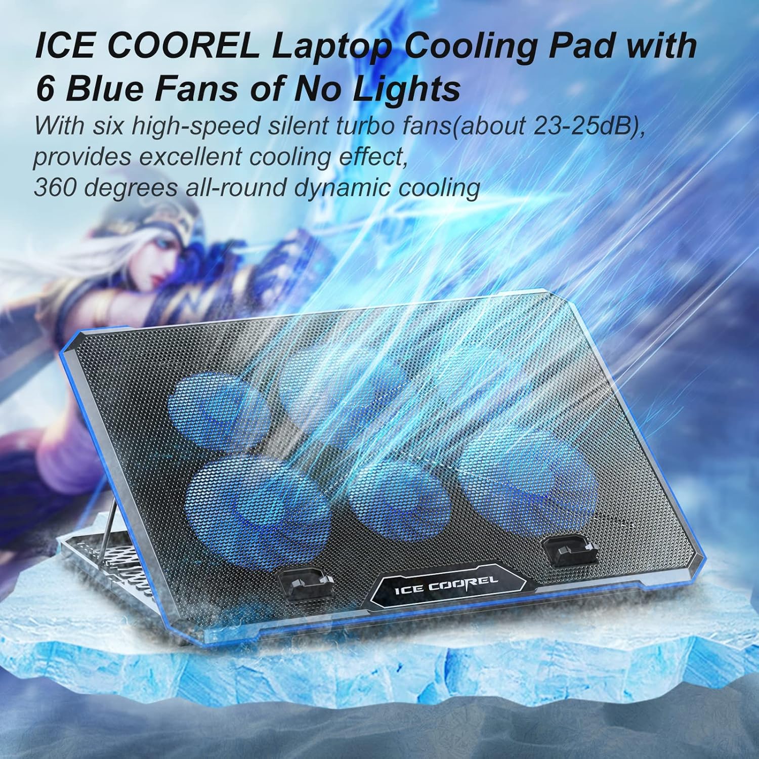 M.A&F's Laptop Cooler Pad with 6 Quiet Fans, Blue, for Laptops 11-17.3 Inch, Adjustable Height, No Lights, USB Powered