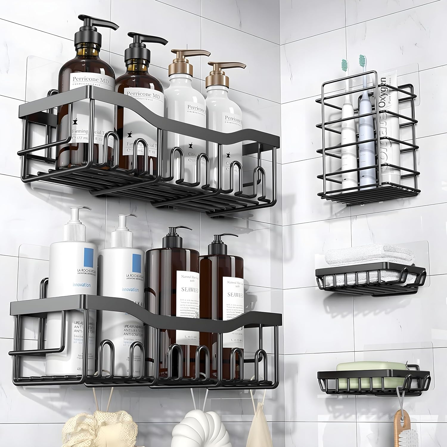 M.A&F's Shower Caddy 5 Pack, Adhesive Shower Organizer for Bathroom Storage & Kitchen, No Drilling, Large Capacity, Rustproof Stainless Steel Bathroom Organizer…