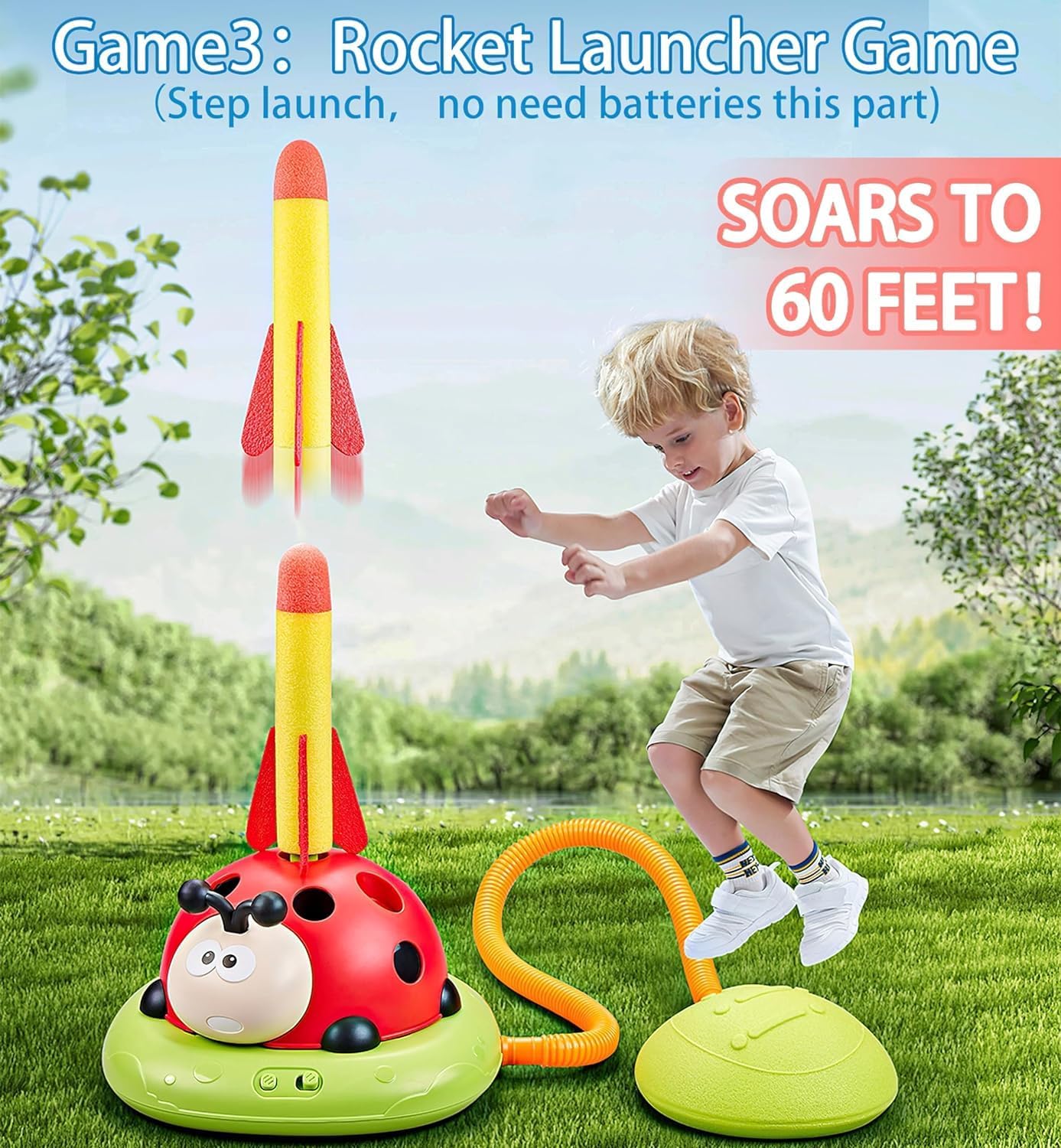 3 in 1 Musical Rope Jump Toy, Ring Toss Game Toy, Stomp & Launch Rocket Launcher, Electronic Fitness Jump Rope Toy for Kids, Kids Toy Sports & Indoor Outdoor Game for 3-5, 6-8,10+ Year Old Boys Girls