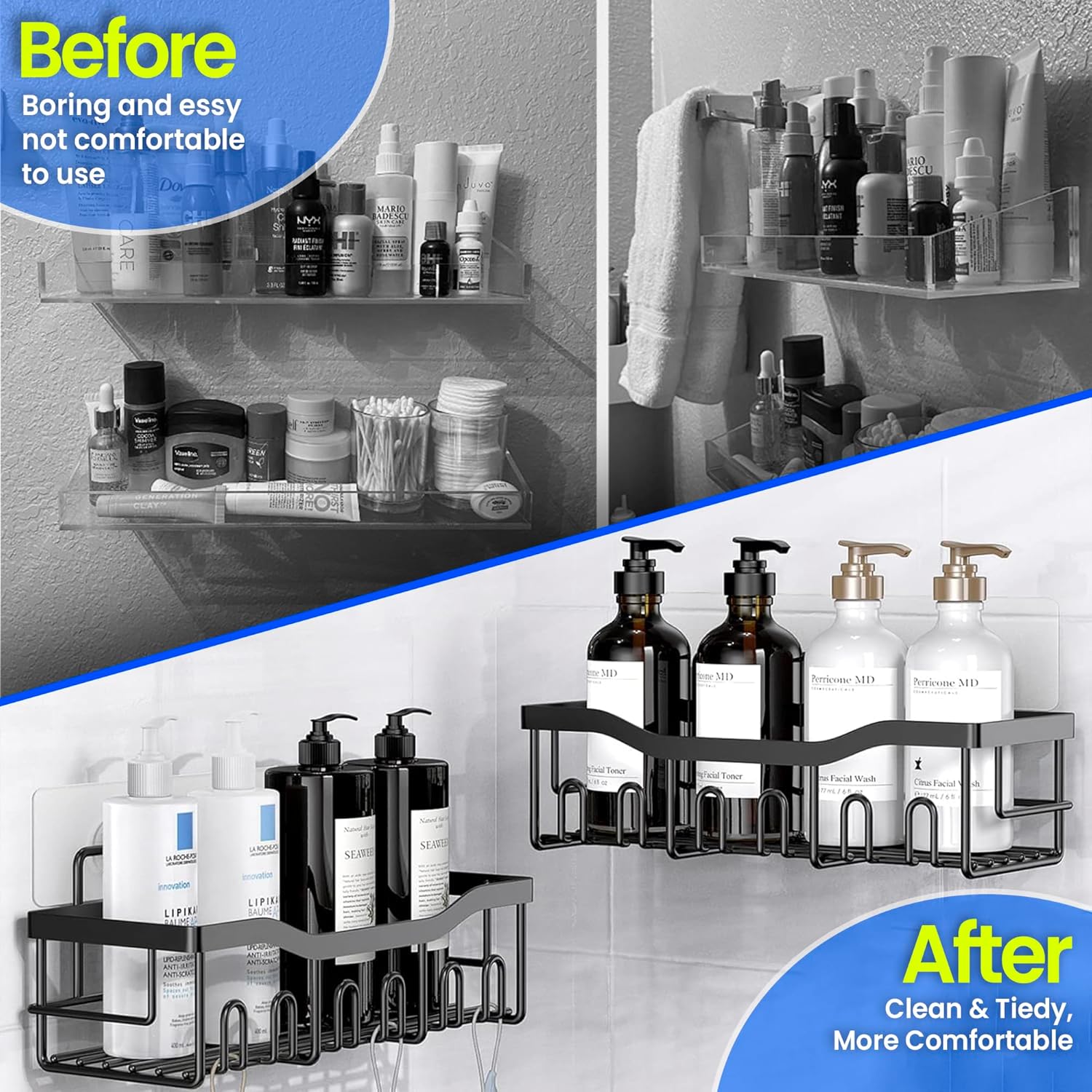 M.A&F's Shower Caddy 5 Pack, Adhesive Shower Organizer for Bathroom Storage & Kitchen, No Drilling, Large Capacity, Rustproof Stainless Steel Bathroom Organizer…