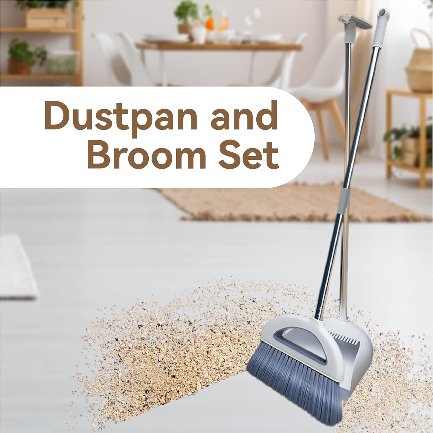 Broom And Dustpan Set, M.A&F's Standing Air Broom With Anti-Slip Long Handle & Dustpan Combo Set, Dust Pan And Brush For Home Kitchen Room Floor Cleaning Cleaning Supplies (Light Gray)