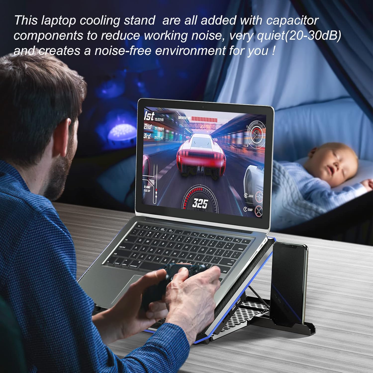 M.A&F's Laptop Cooler Pad with 6 Quiet Fans, Blue, for Laptops 11-17.3 Inch, Adjustable Height, No Lights, USB Powered
