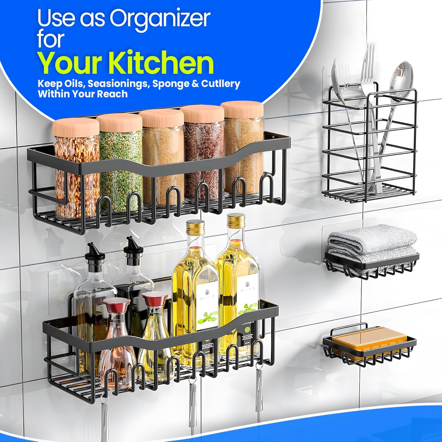 M.A&F's Shower Caddy 5 Pack, Adhesive Shower Organizer for Bathroom Storage & Kitchen, No Drilling, Large Capacity, Rustproof Stainless Steel Bathroom Organizer…