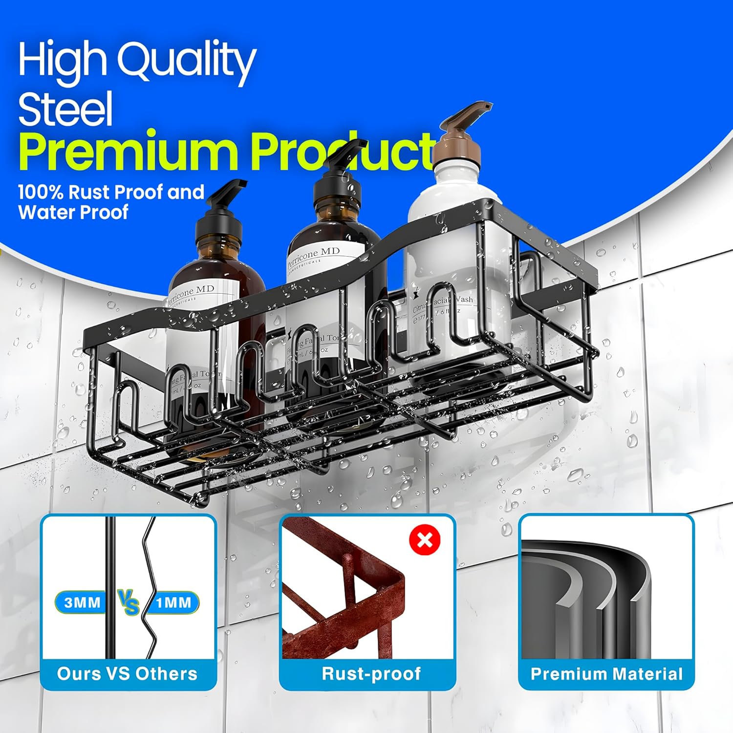 M.A&F's Shower Caddy 5 Pack, Adhesive Shower Organizer for Bathroom Storage & Kitchen, No Drilling, Large Capacity, Rustproof Stainless Steel Bathroom Organizer…