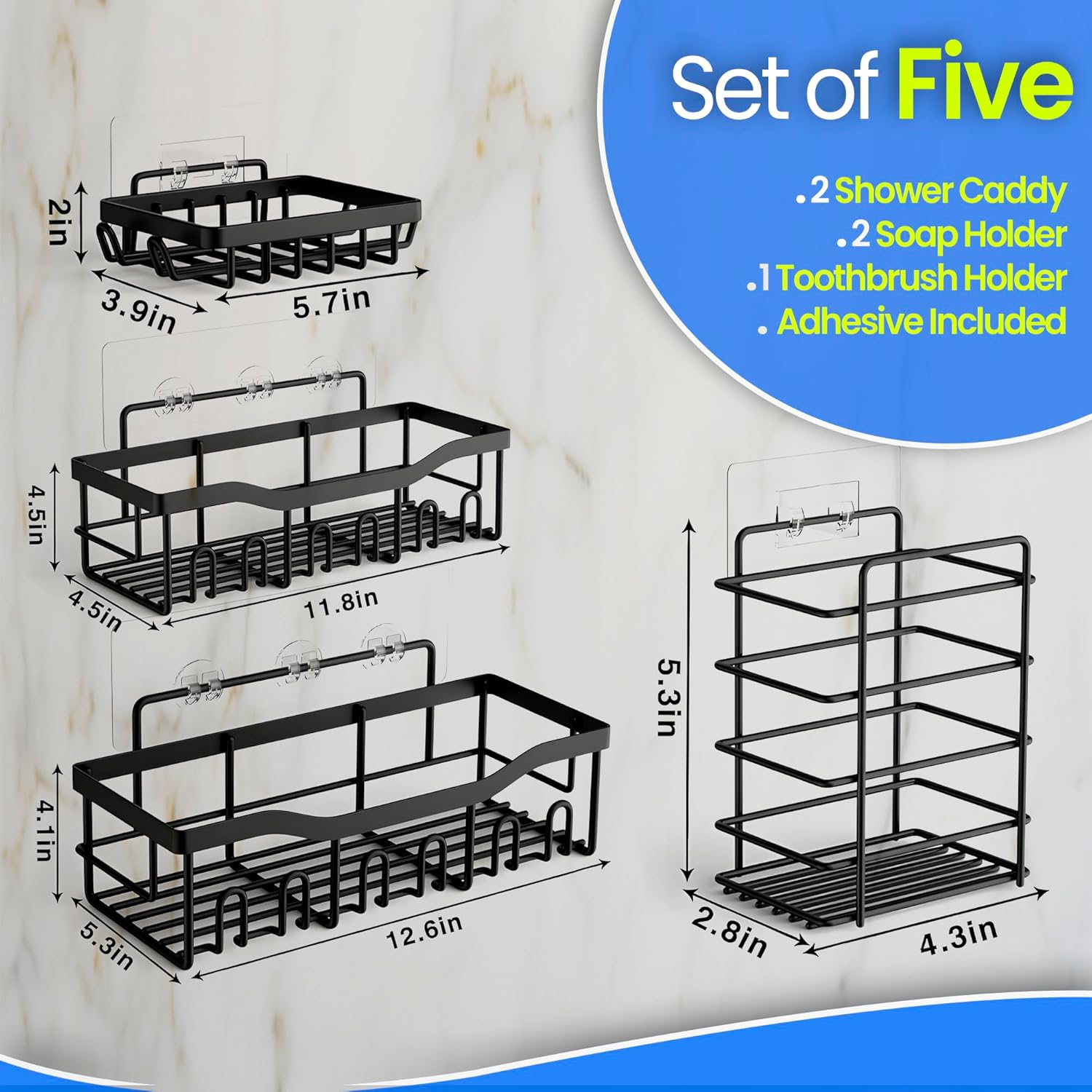M.A&F's Shower Caddy 5 Pack, Adhesive Shower Organizer for Bathroom Storage & Kitchen, No Drilling, Large Capacity, Rustproof Stainless Steel Bathroom Organizer…