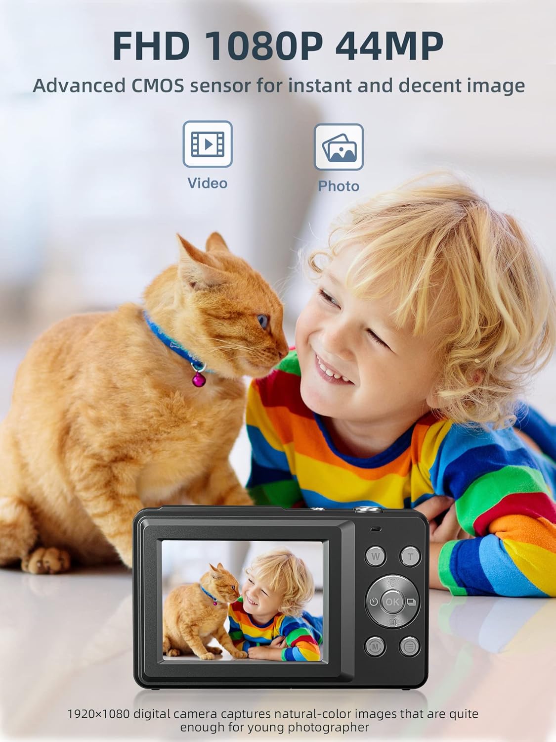 M.A&F's Digital Camera, FHD 1080P Kids Camera 44MP Point and Shoot Digital Cameras with 32GB SD Card, 16X Zoom, Two Batteries, Lanyard, Compact Small Camera for Kids Boys Girls, Black