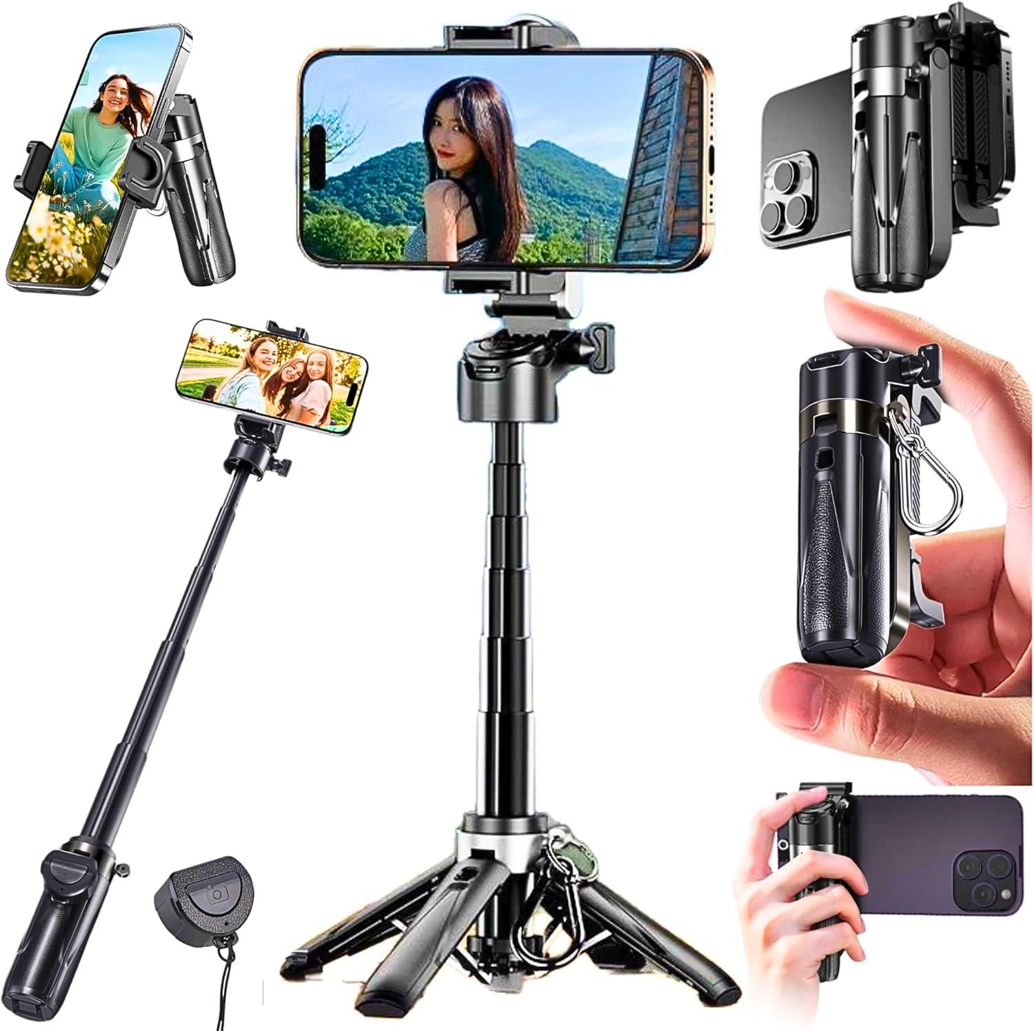 Mini Selfie Stick Tripod with Remote, 3-in-1 Portable Phone Tripod Grip with 2 Cold Shoe Mounts, 360° Rotation Pocket Size Phone Holder for iPhone, Android, Vlog, Livestreaming, Photography (P15 MINI)