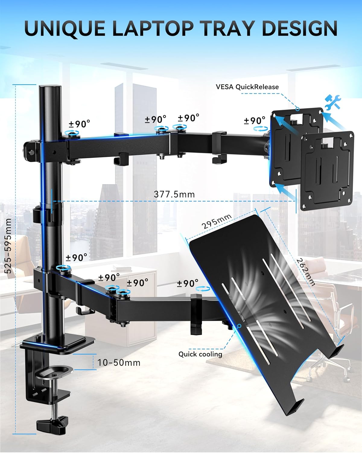 M.A&F's PROFESSIONAL Dual Monitor Arm with Laptop Tray - Dual Vesa Mount Arm, Monitor Stand with Laptop Holder, Dual Screen Mount for 13-32", 2 Vesa Stand Up to 8Kg for Gaming & Office