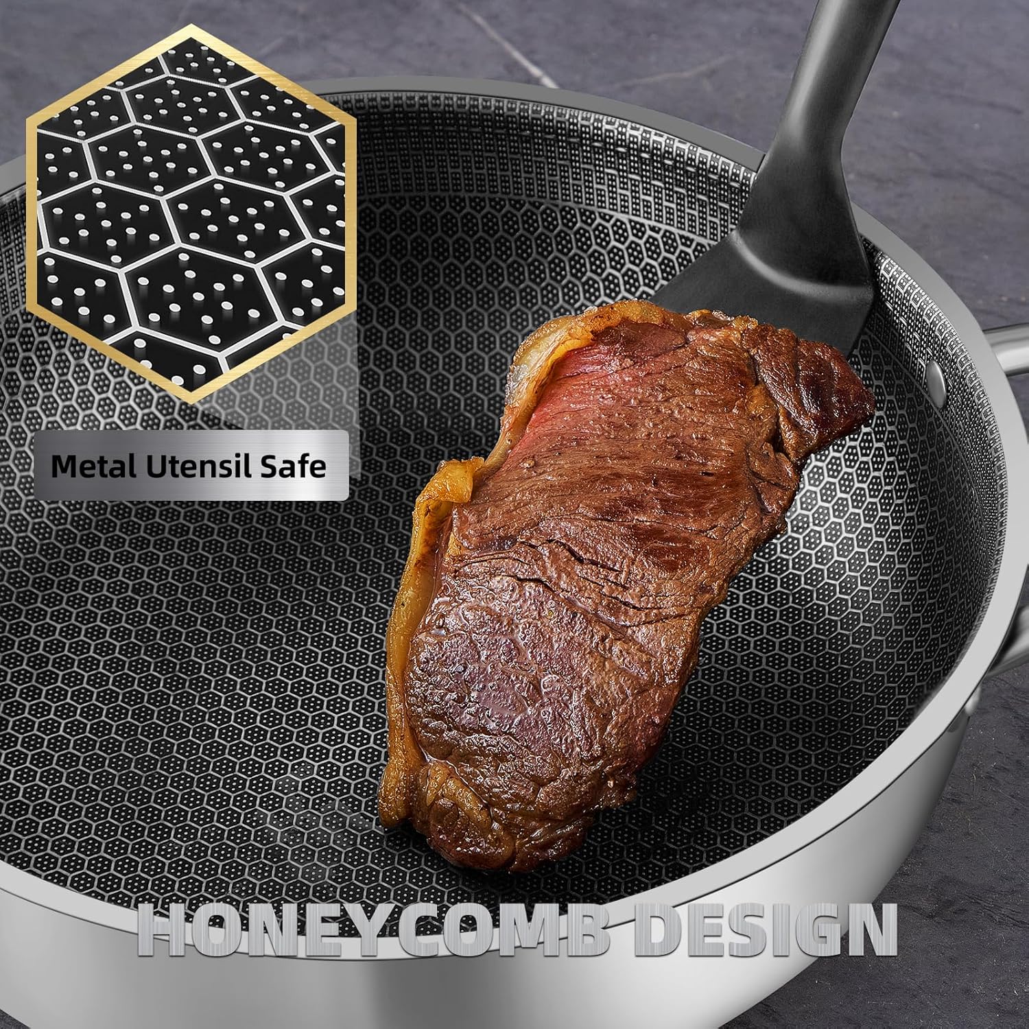 M.A&F's Stainless Steel Saute Pan, Cookware with Lid, 30CM Deep Frying Pan, Nonstick Honeycomb Cooking Pot with Handles, Large Kadai Skillet, Wok Pan Compatible with All Cooktops, Dishwasher Safe