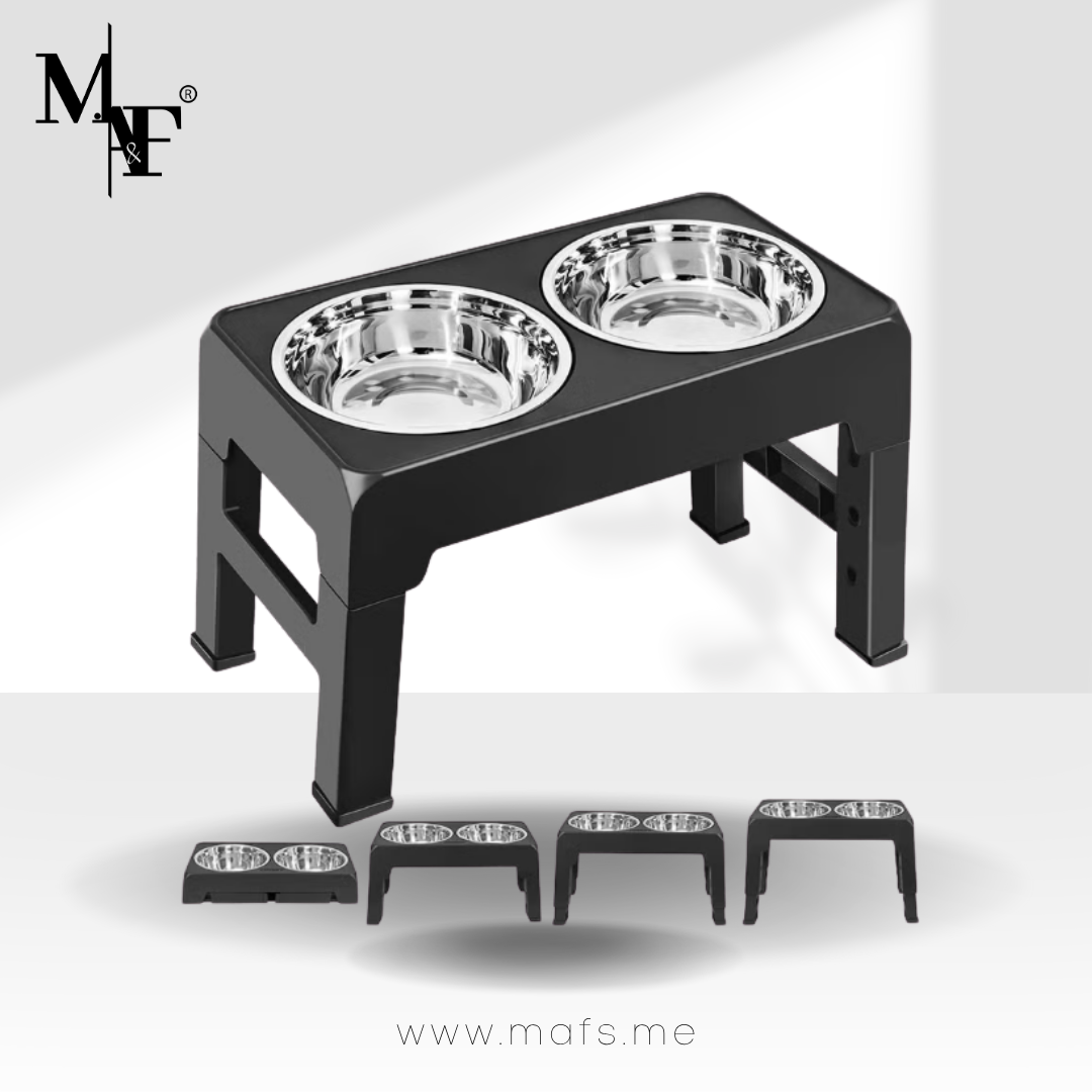 M.A&F's Adjustable Elevated Dog Bowl, with 2 Stainless Steel 1.5L Dog Bowl Vertical Feeding and Detachable Double Bowl Stand Antiskid Splash Proof, for All Small, Medium and Large Pets (Black-3)