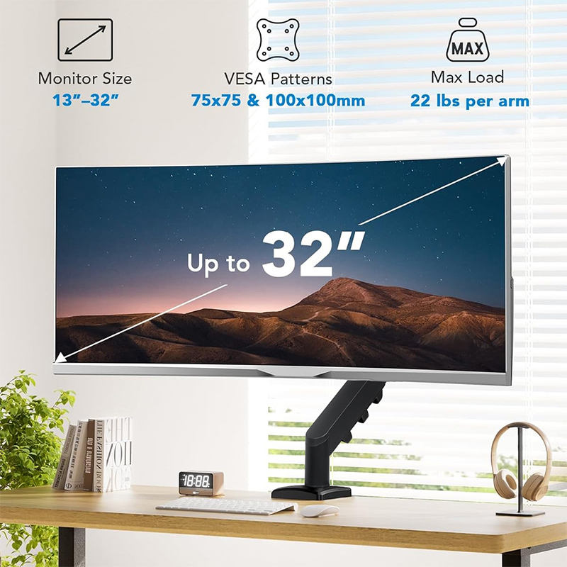 Single Monitor Arm - VESA Mount Aluminum Gas Spring Adjustable Ergonomic Computer Monitor Arm, Swivel Monitor Mount & 2 Grommet Mounting Base for 13-32 inches 2-9kgs Sceens