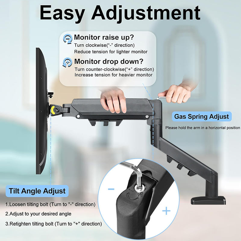 Single Monitor Arm - VESA Mount Aluminum Gas Spring Adjustable Ergonomic Computer Monitor Arm, Swivel Monitor Mount & 2 Grommet Mounting Base for 13-32 inches 2-9kgs Sceens