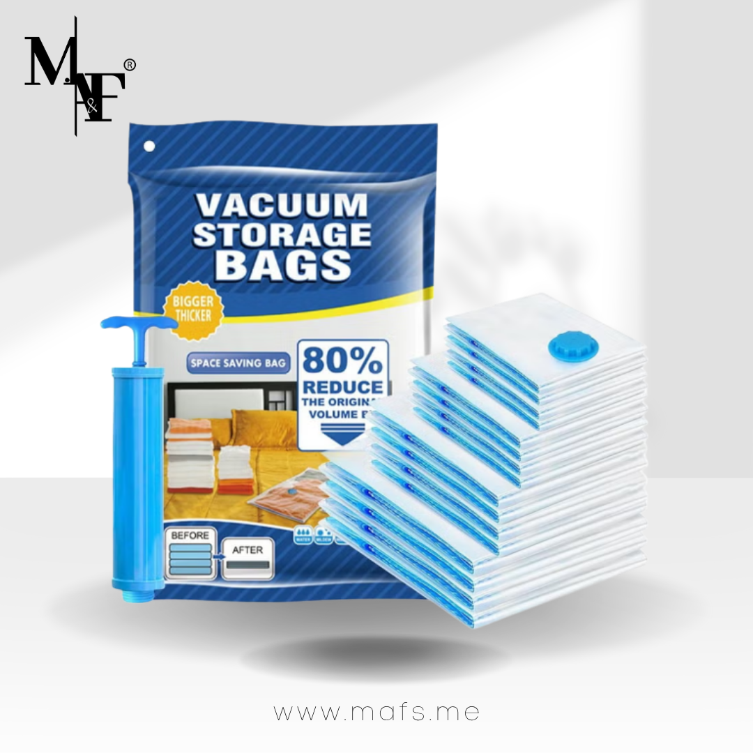 M.A&F's Vacuum Storage Bags - Pack of 6 (1 Jumbo/2 Large/2 Medium/1 Pump) Re-usable Travel Compression Storage Bags For Clothes- Comforters & Blankets - Space Saver Sealer Bags with Hand Pump