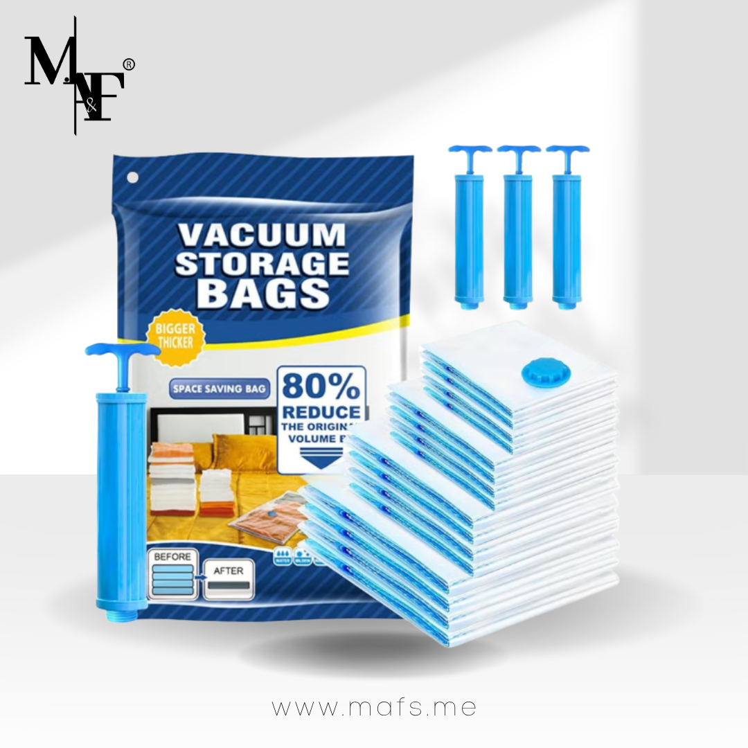 M.A&F's Vacuum Storage Bags - Pack of 18 (3Jumbo/6 Large/6 Medium/3 Pumps) Re-usable Travel Compression Storage Bags For Clothes, Comforters & Blankets - Space Saver Bags with Hand Pump